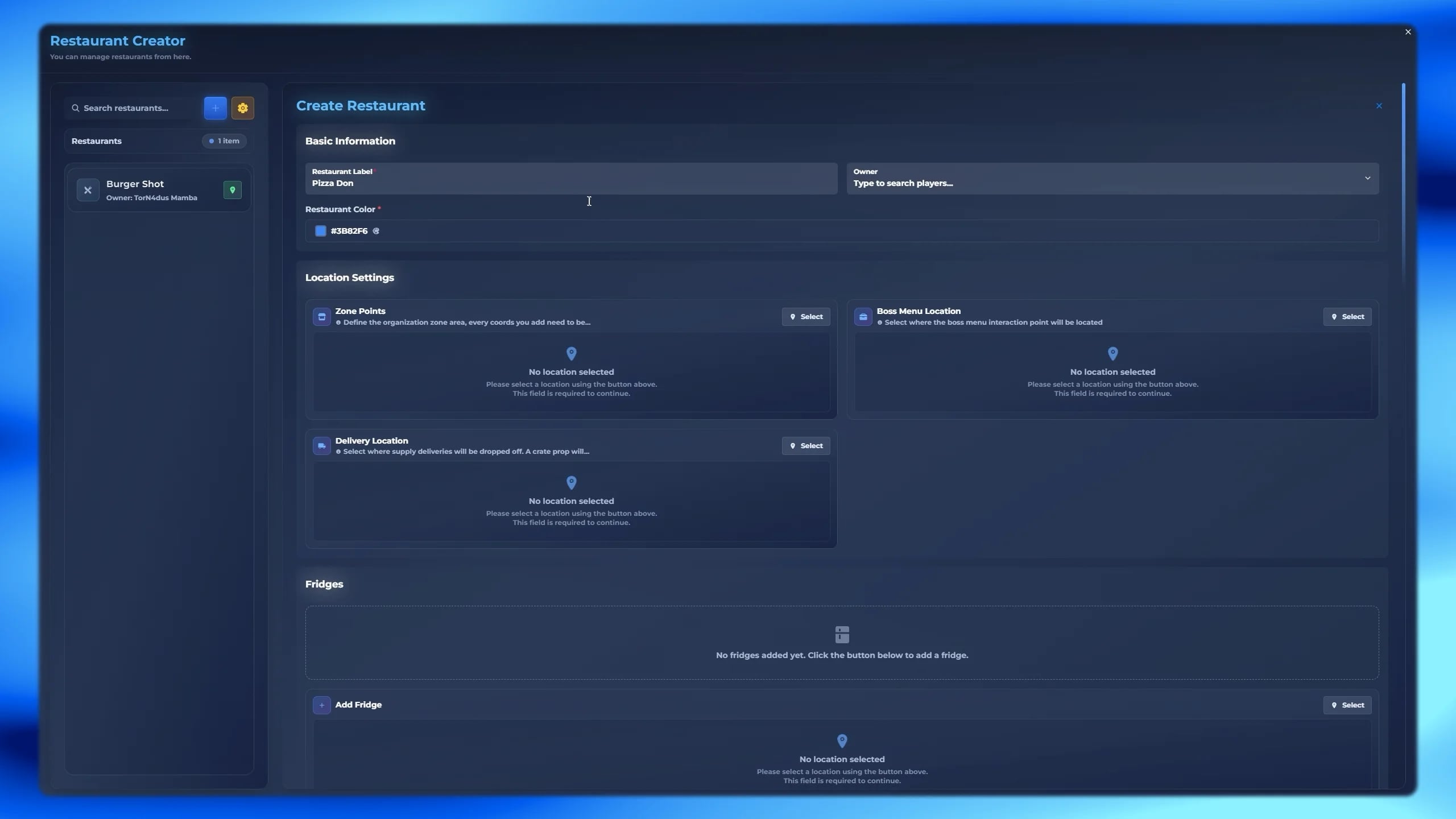 FiveM in-game restaurant creator system ESX QBCore QBox custom business builder food roleplay management interface