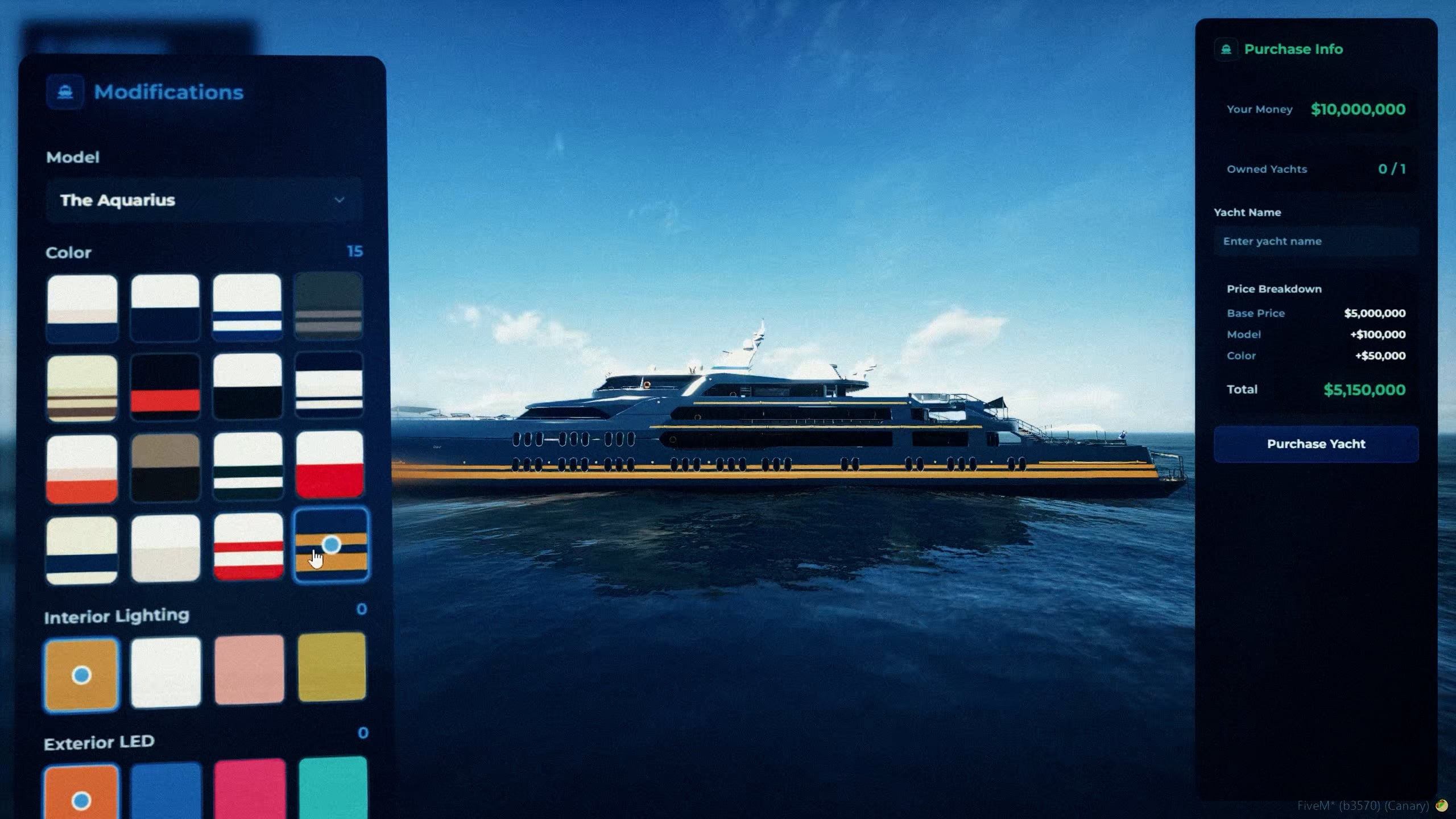 Advanced yacht customization menu allowing players to name their yacht, choose country flags, manage roles, and personalize their luxury experience.