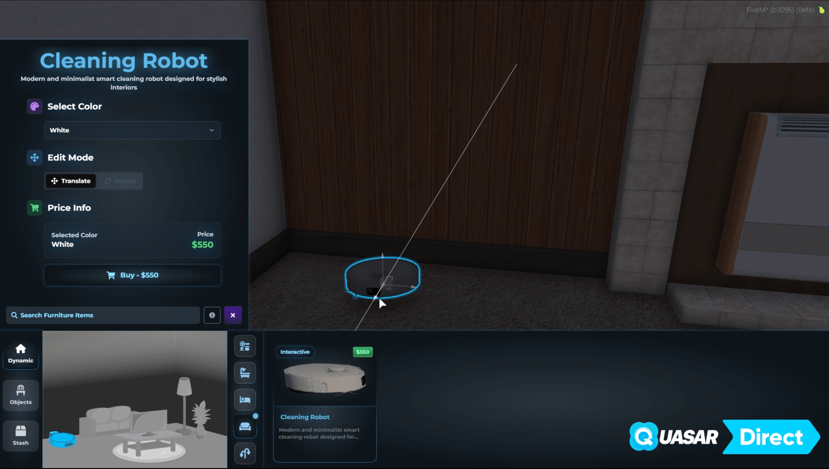 FiveM Apartments 2.0 visual rework with Quasar Housing technology, featuring modern apartment interiors, interactive furniture, cleaning systems, robot vacuum mechanics and immersive property gameplay for ESX, QB, QBCore and QBox roleplay servers.