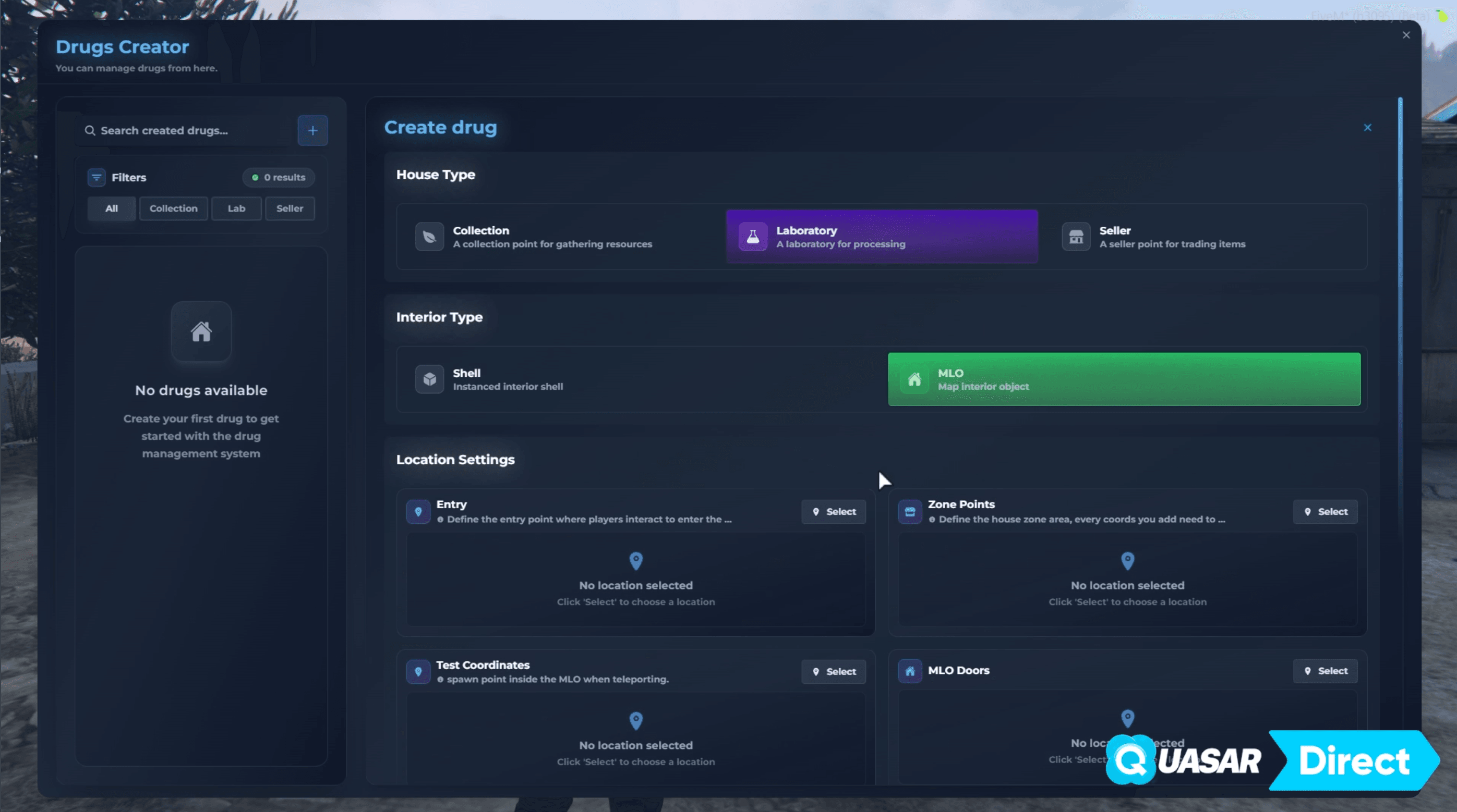 FiveM Drugs Creator 2.0 showcasing advanced drug labs using MLO interiors, Quasar Housing decoration system, NPC street selling and realistic illegal economy gameplay for ESX, QB, QBCore and QBox roleplay servers.