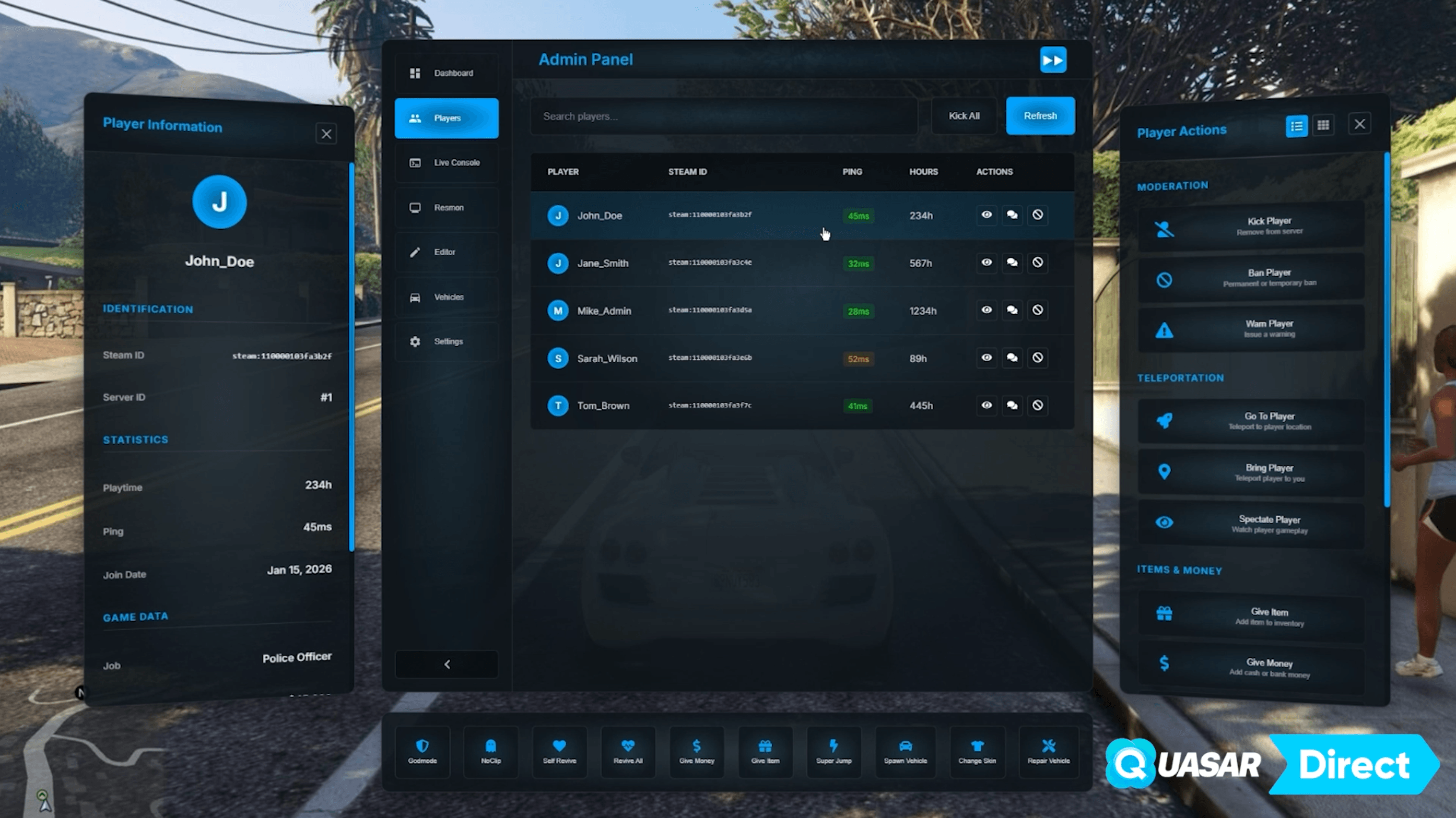 FiveM Admin Menu 2.0 featuring a completely redesigned modern interface, advanced staff tools, optimized workflows and professional moderation experience for large ESX, QB, QBCore and QBox roleplay servers.