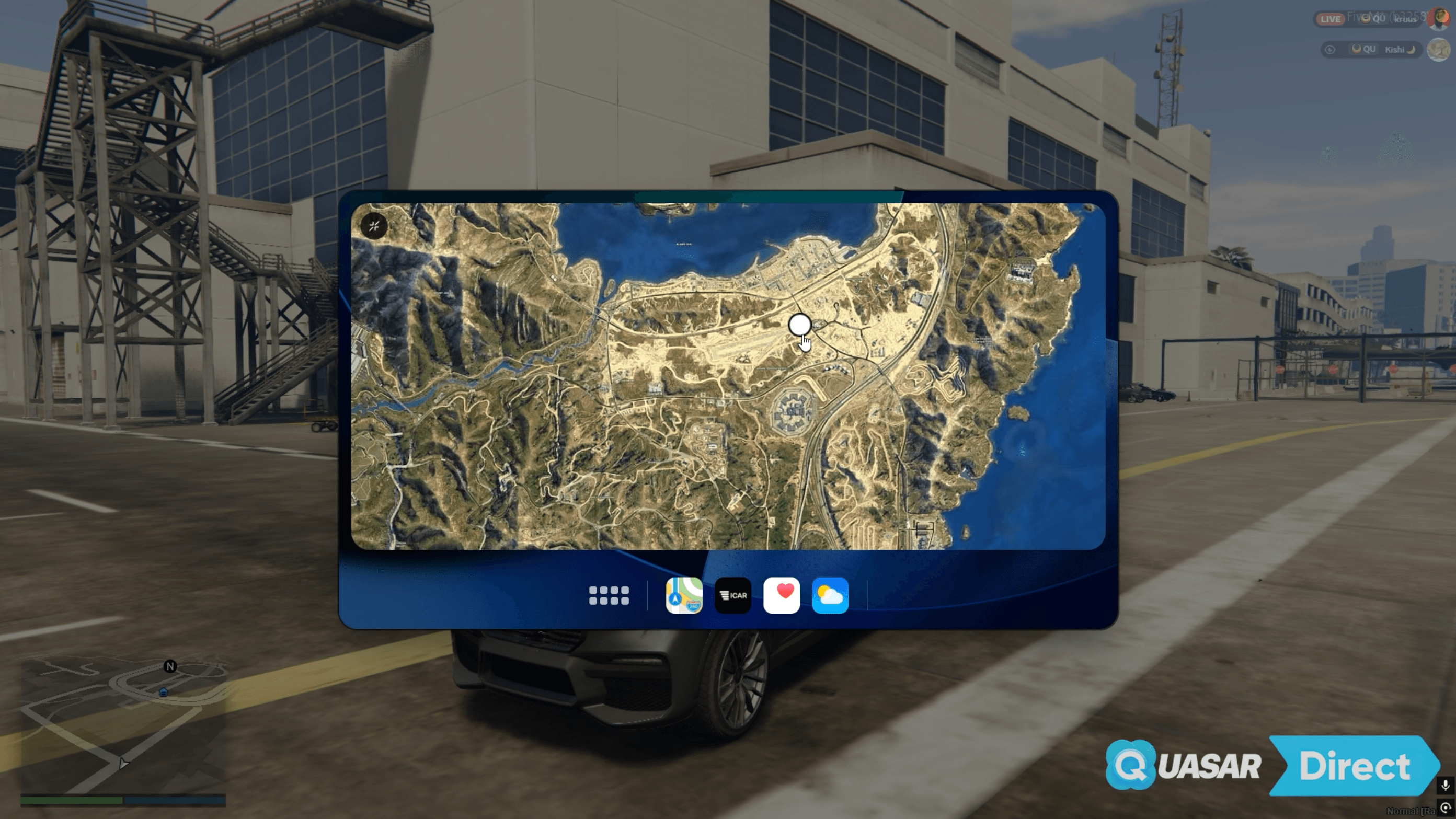 FiveM Vehicle Menu inspired by CarPlay UI, integrated with Quasar Smartphone PRO, featuring in-car applications, modern dashboard visuals and immersive vehicle interaction for GTA RP servers.