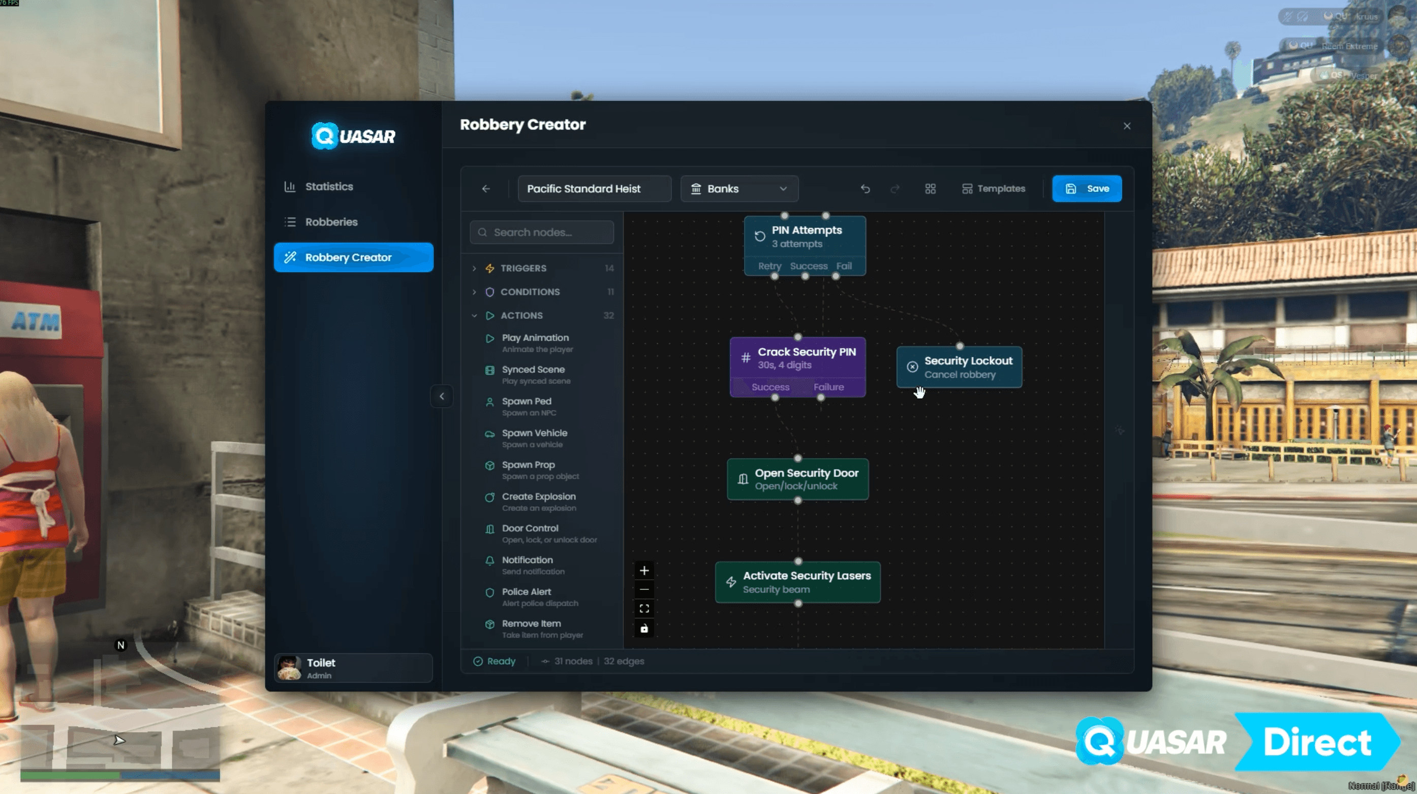 FiveM Robberies Creator using blueprint-style heist creation inspired by Unreal Engine, allowing custom robbery flows, multiple outcomes and advanced crime roleplay for ESX, QB, QBCore and QBox servers.