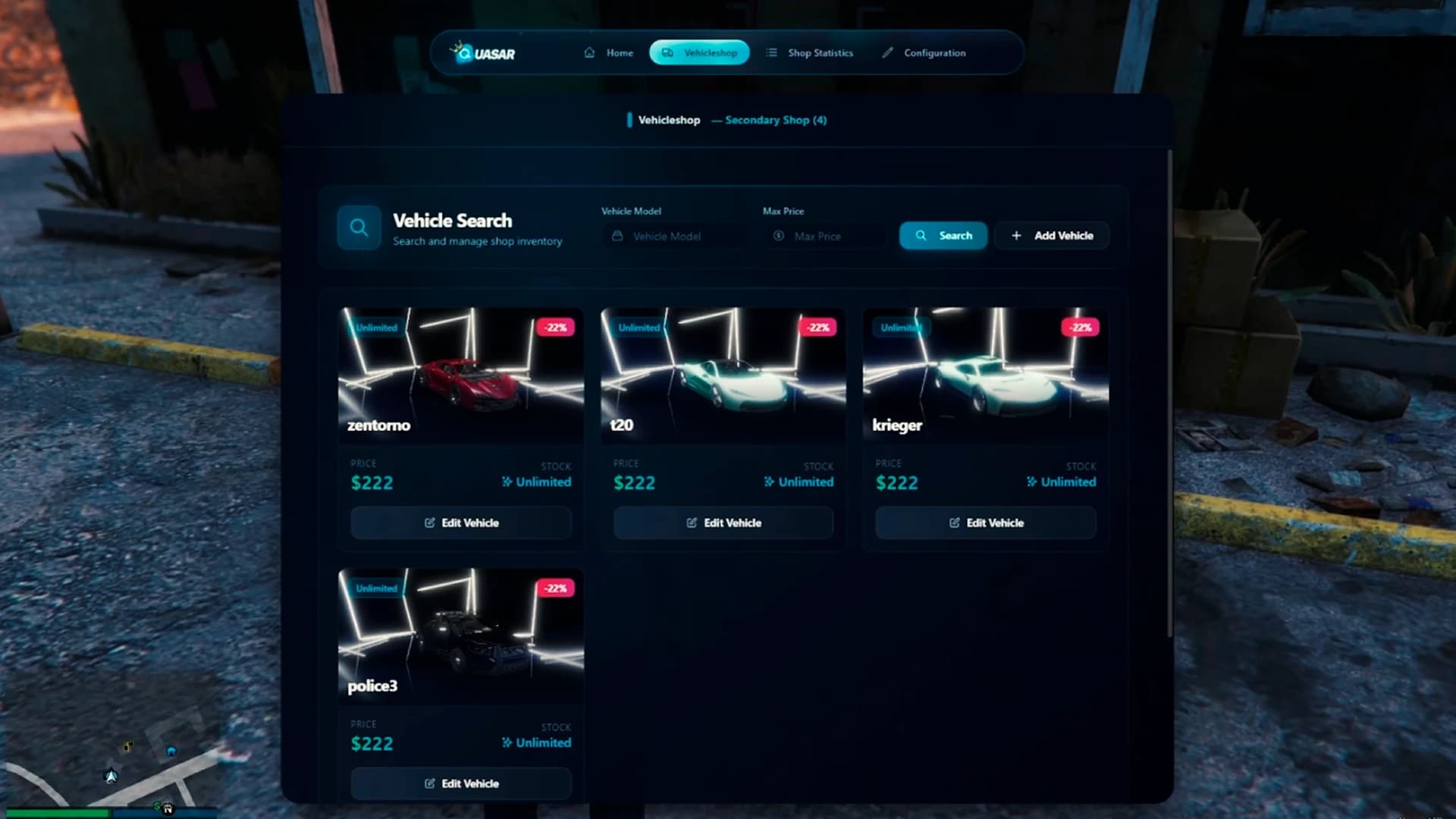 FiveM Quasar Vehicle Shop stock pricing management system dealership inventory control roleplay