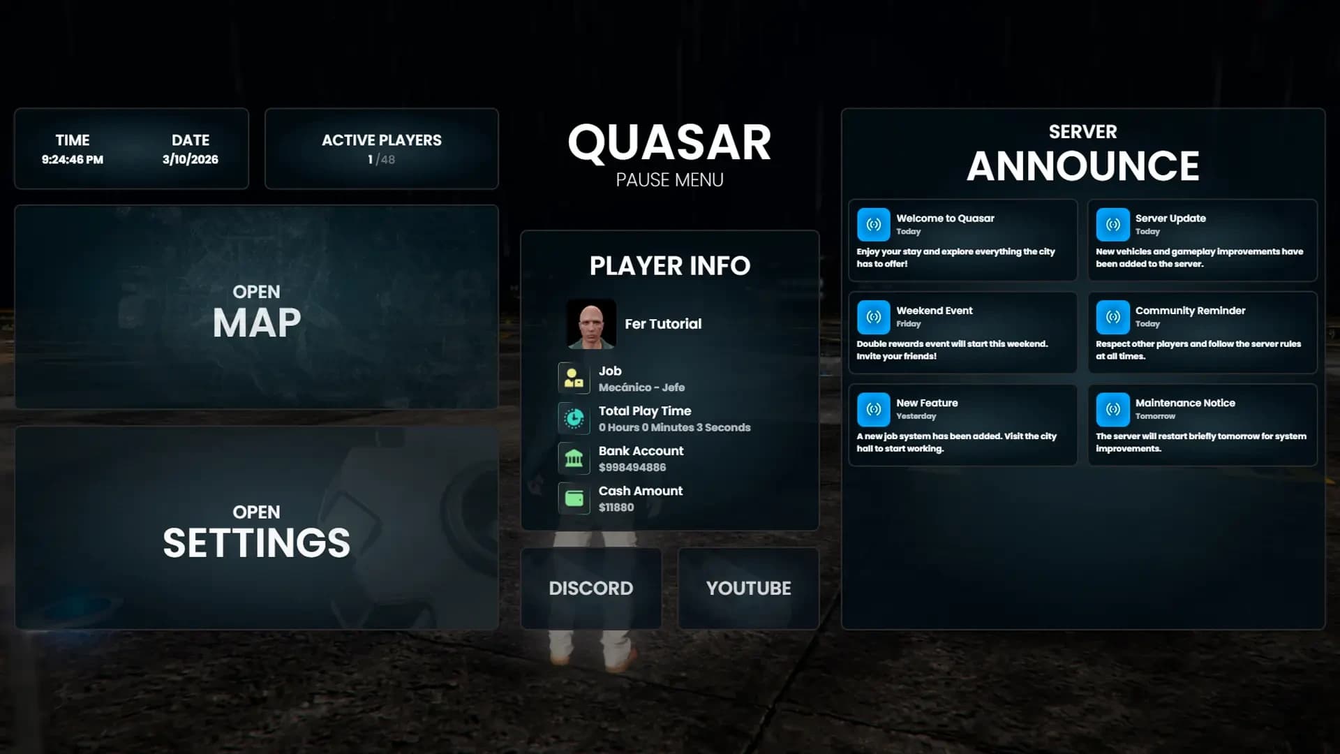 Stylish FiveM pause menu UI compatible with ESX, QB/QBCore, and Qbox