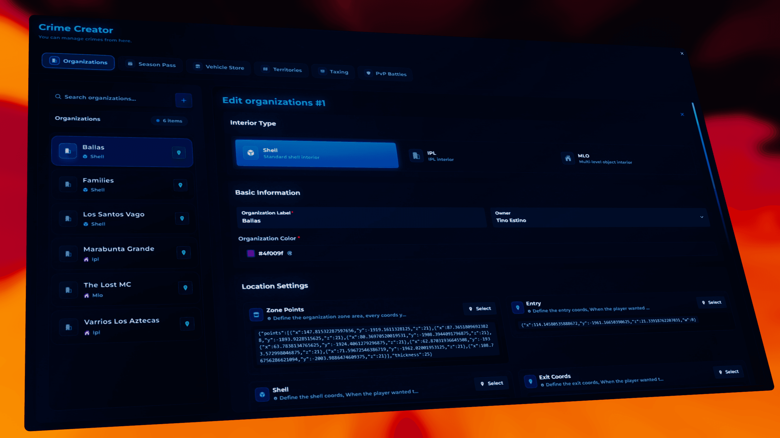 FiveM gangs creator system allowing servers to create custom gangs, territories, missions and criminal organizations directly in-game with advanced gang management tools.