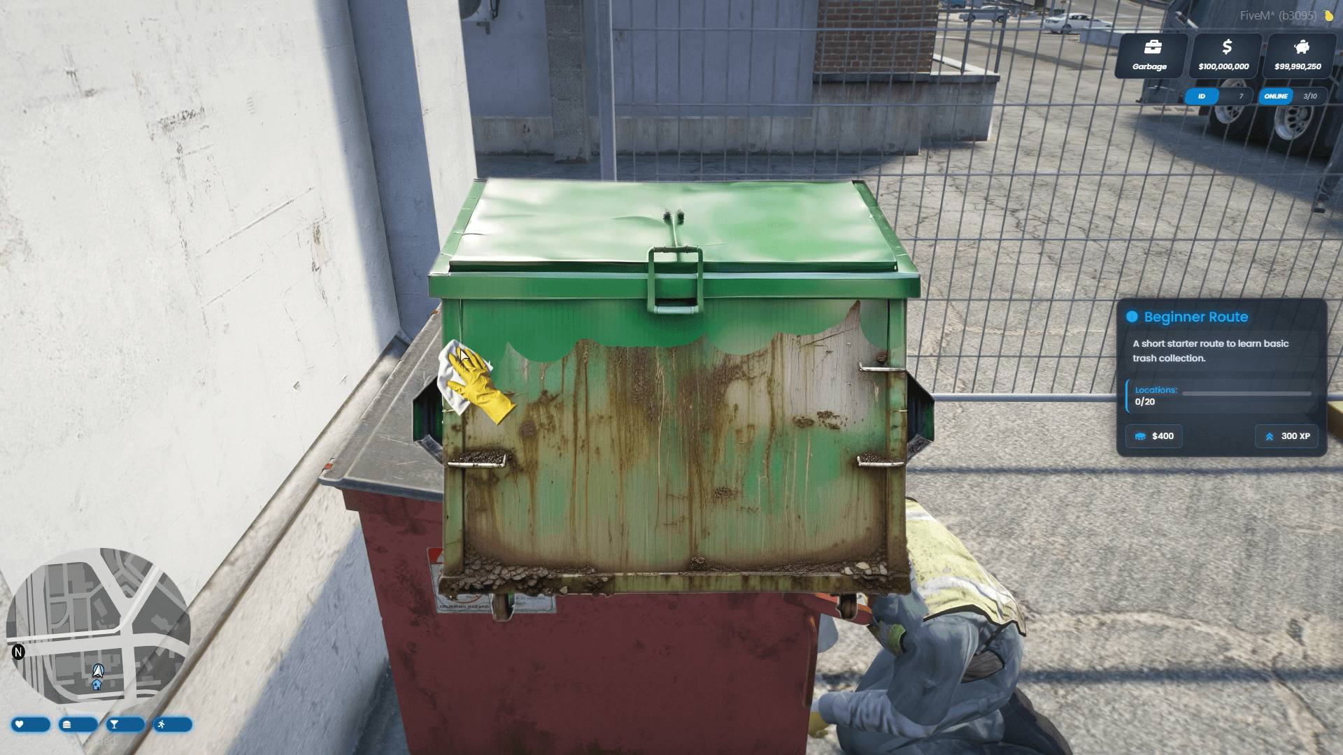 Advanced FiveM garbage job script with multiplayer missions, allowing players to work together collecting trash routes, interacting with dumpsters and completing dynamic sanitation tasks.