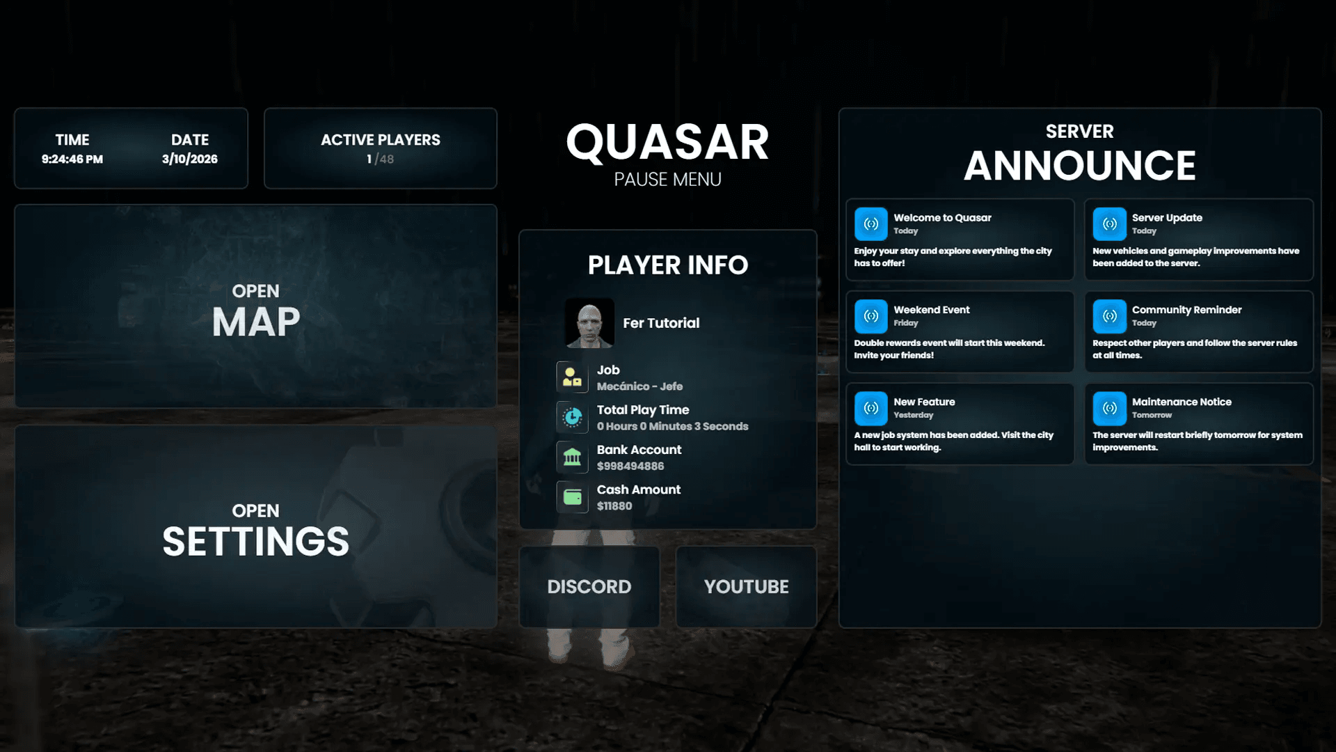 Stylish FiveM pause menu UI compatible with ESX, QB/QBCore, and Qbox
