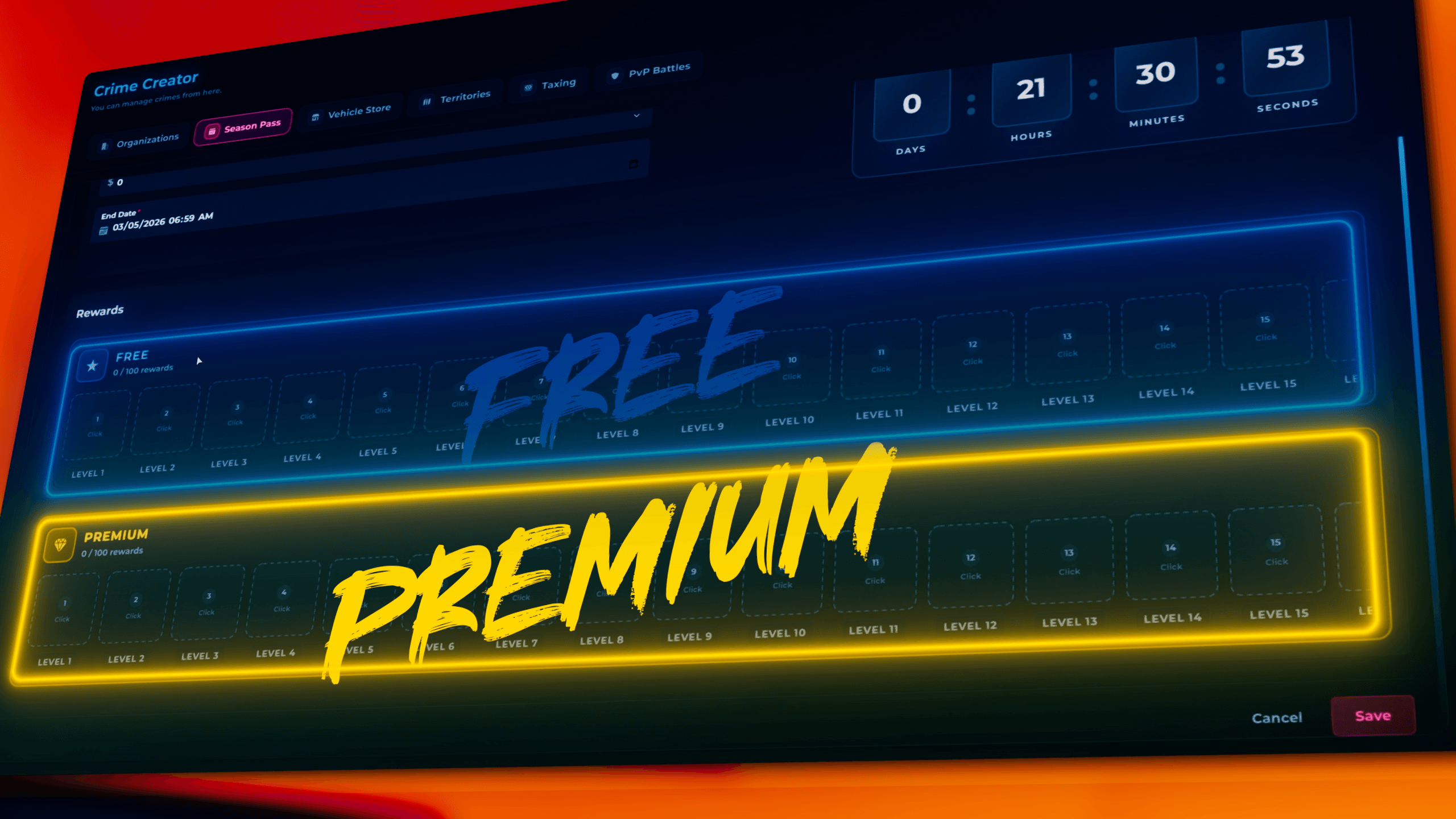 FiveM gang season pass system interface showing reward tiers, gang progression, vehicles, money and XP rewards for ESX QBCore Qbox roleplay servers using an advanced FiveM crime progression system.