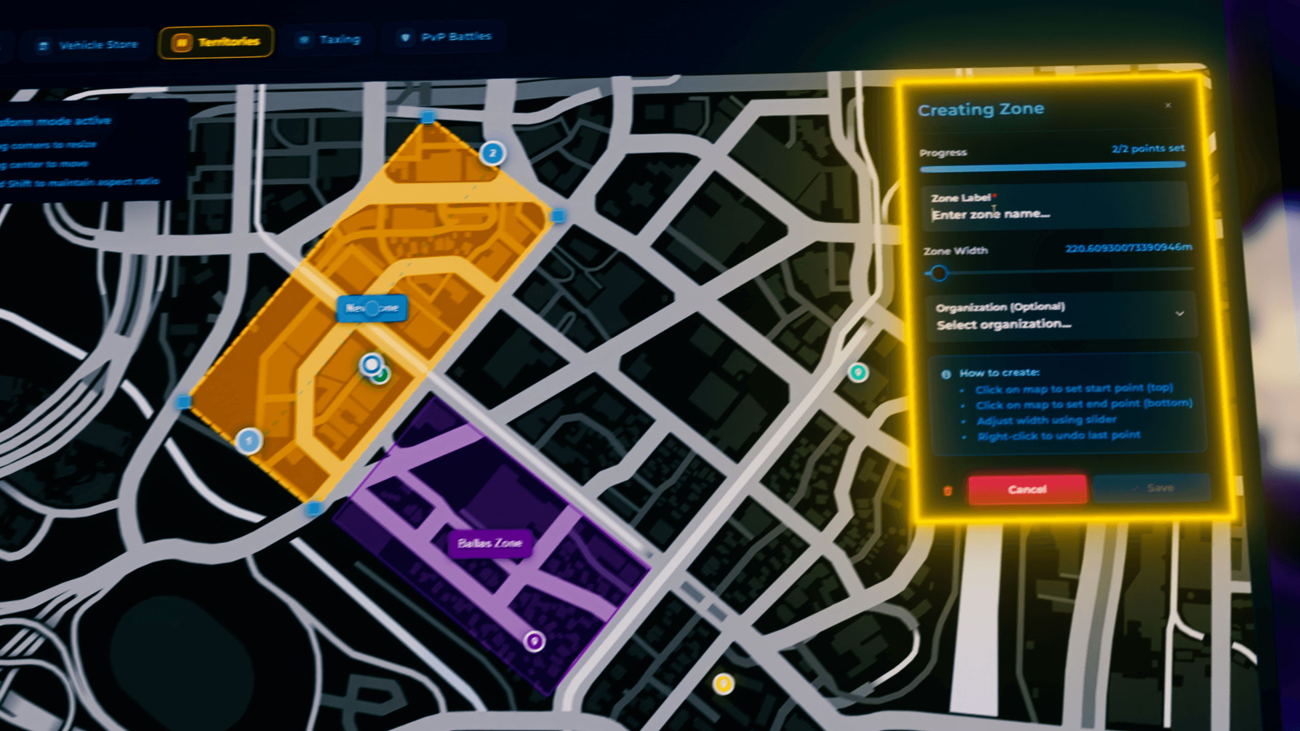 FiveM conquerable territory editor showing gang war zone creation, mafia territory control, free conquest areas and in-game crime map management for ESX QBCore Qbox roleplay servers.