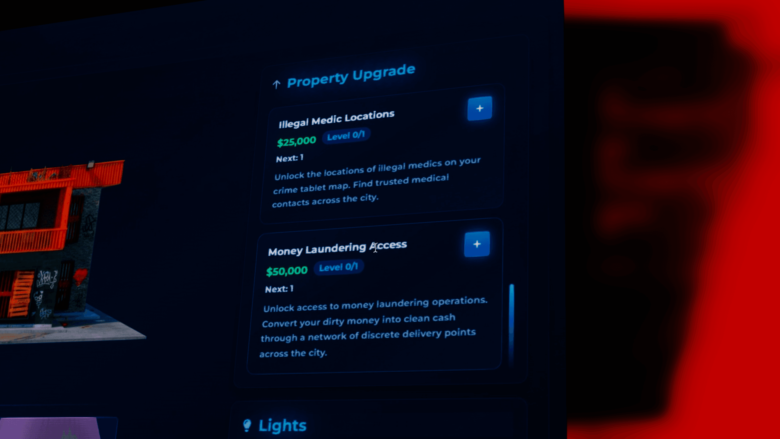 FiveM gang boss management menu showing organization rank control, gang permissions, vehicle purchases and headquarters upgrade system with stash levels and vehicle slots for ESX QBCore Qbox roleplay servers.