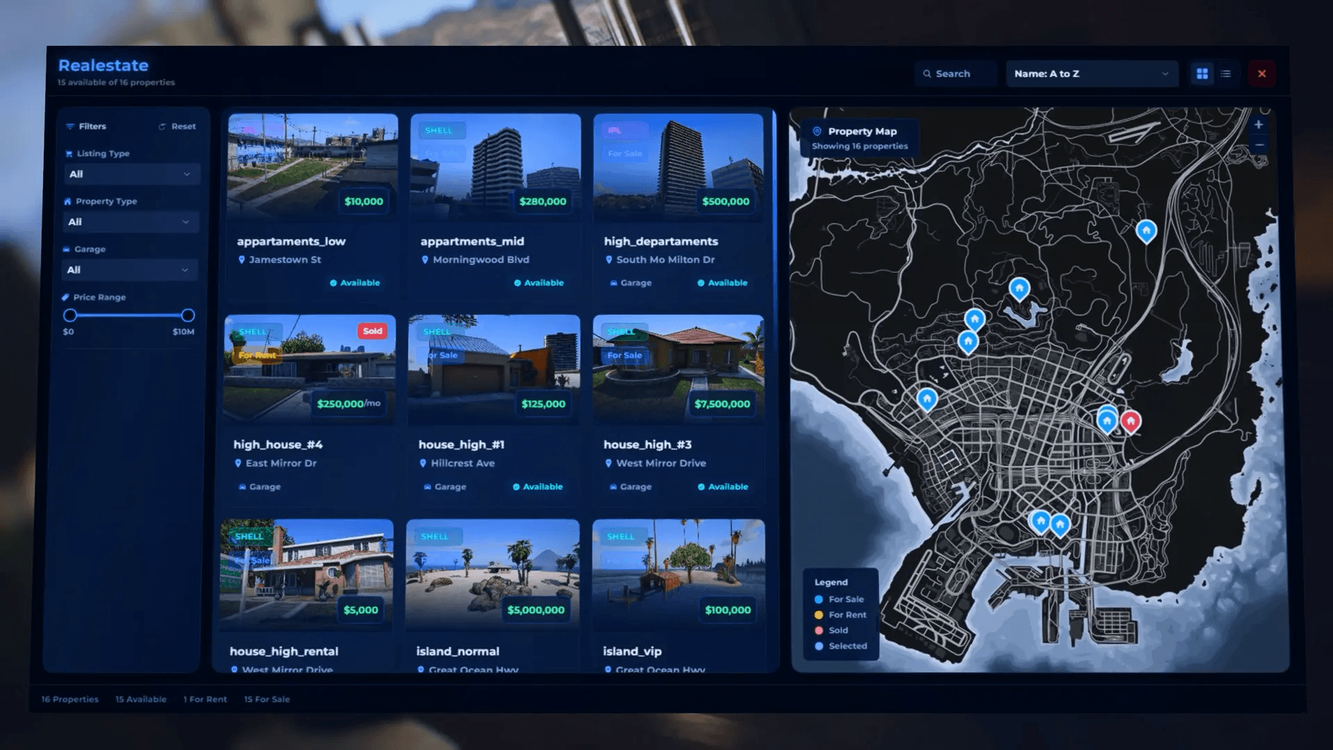 FiveM Quasar Housing home browser real estate system map houses UI roleplay property search