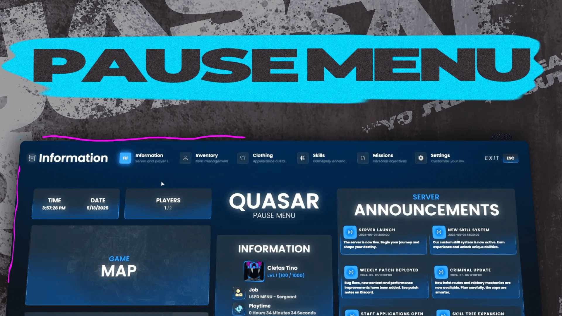 FiveM Quasar Inventory escape menu system modern UI control center immersive roleplay interface
