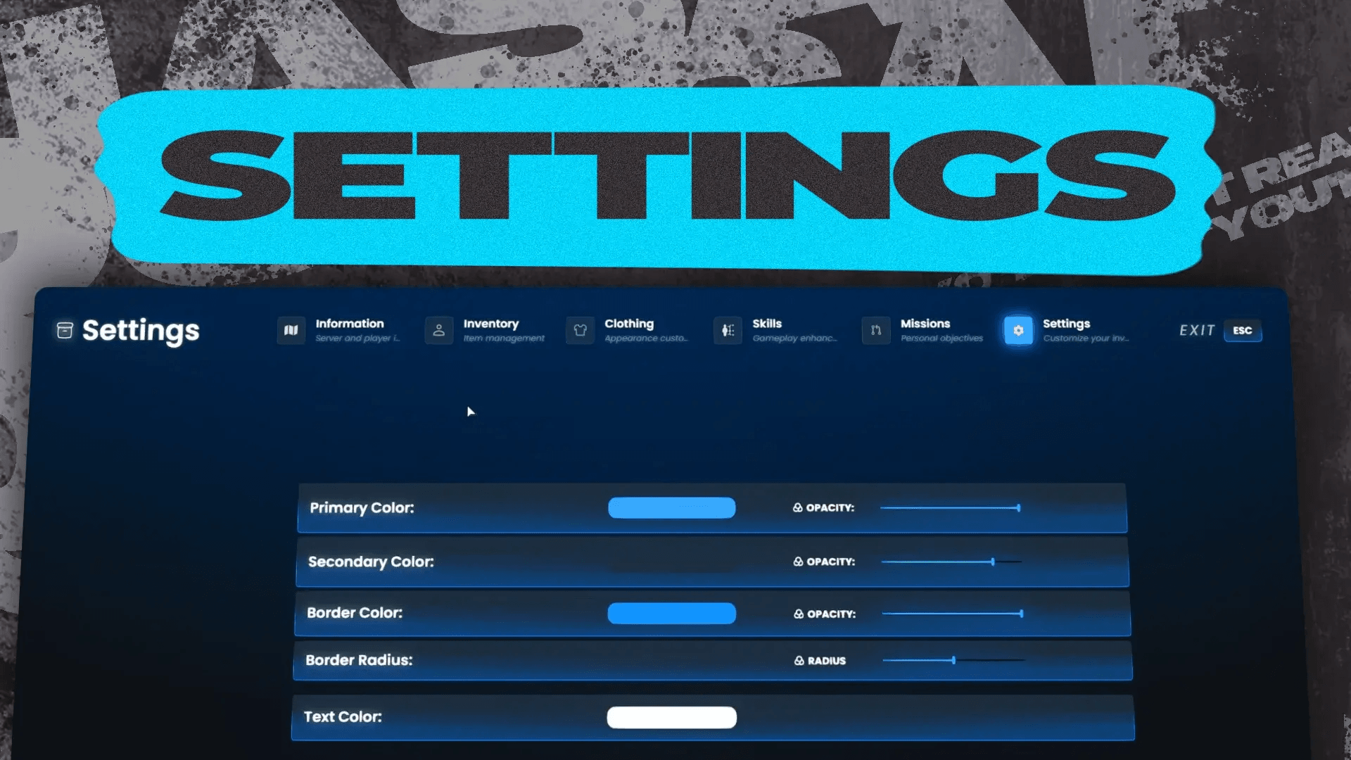 FiveM Quasar Inventory settings system escape menu configuration UI personalization roleplay inventory