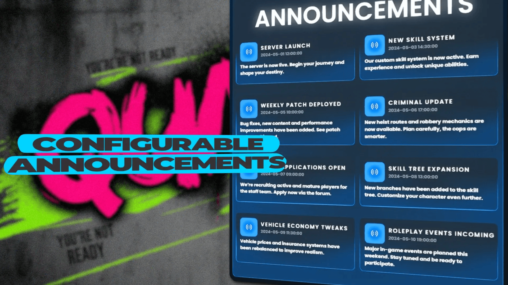 FiveM Quasar Inventory server announcements system escape menu notifications roleplay UI system