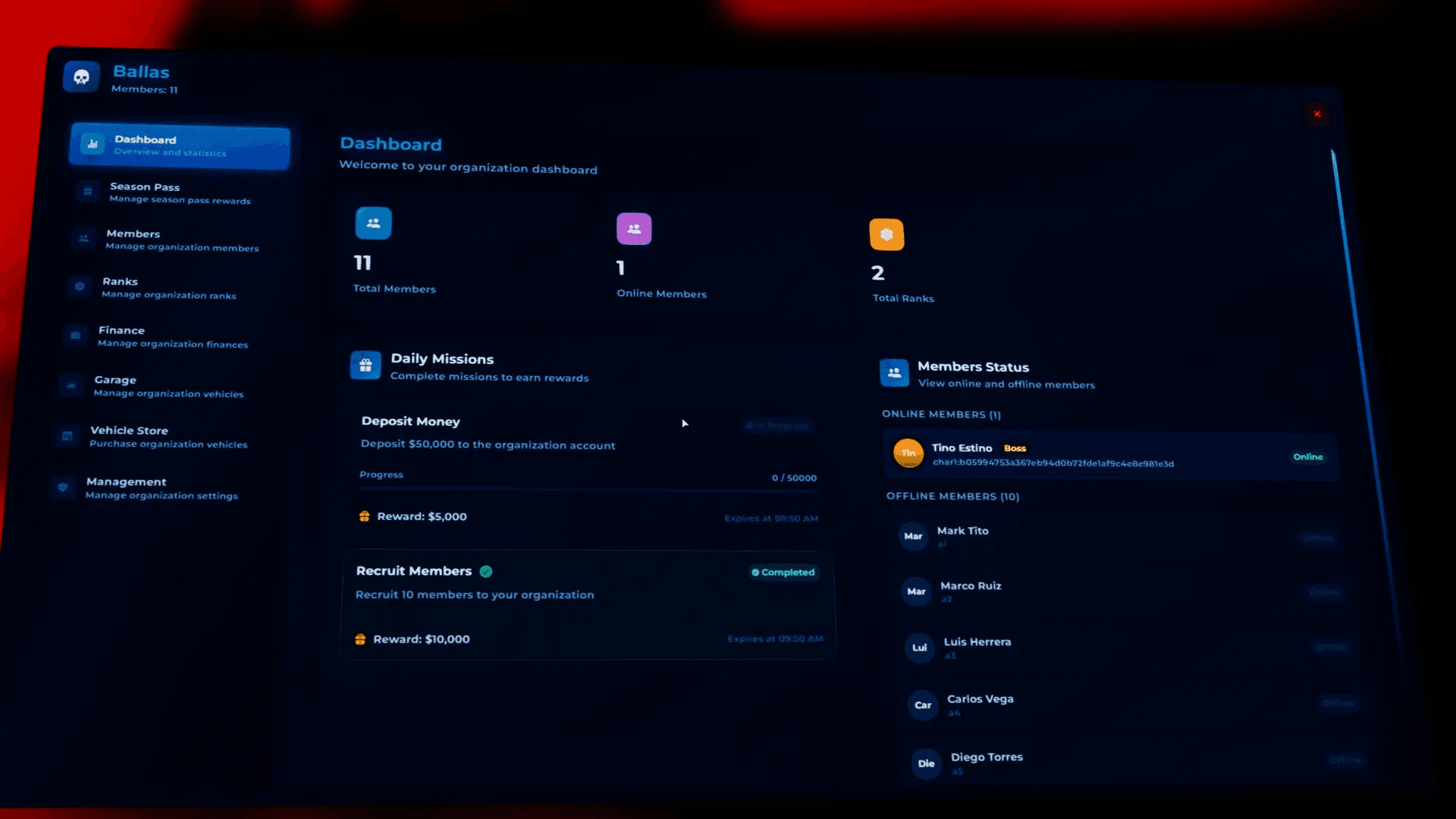 FiveM Quasar Crime Creator boss menu system gang management hierarchy economy members roleplay
