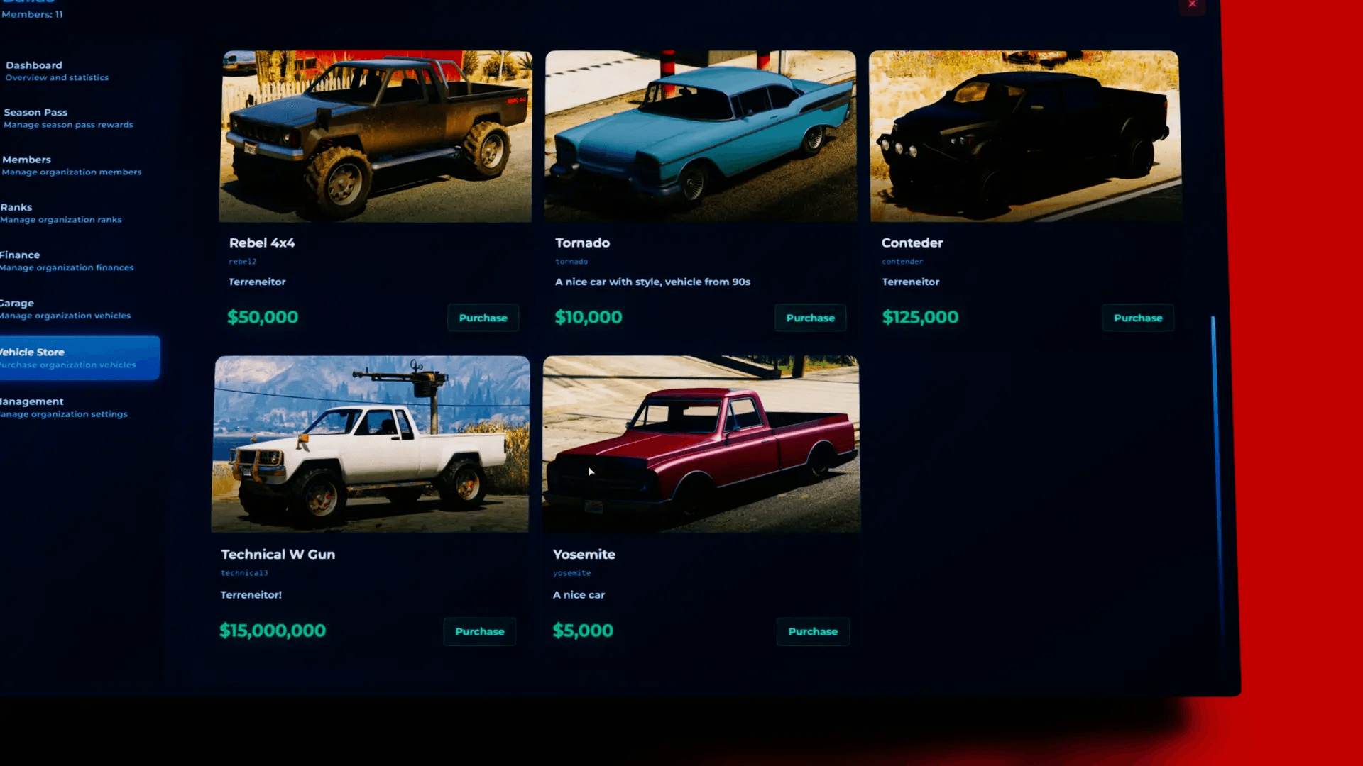 FiveM Quasar Crime Creator vehicle shop system gang vehicles stock limited unlimited roleplay economy gangs