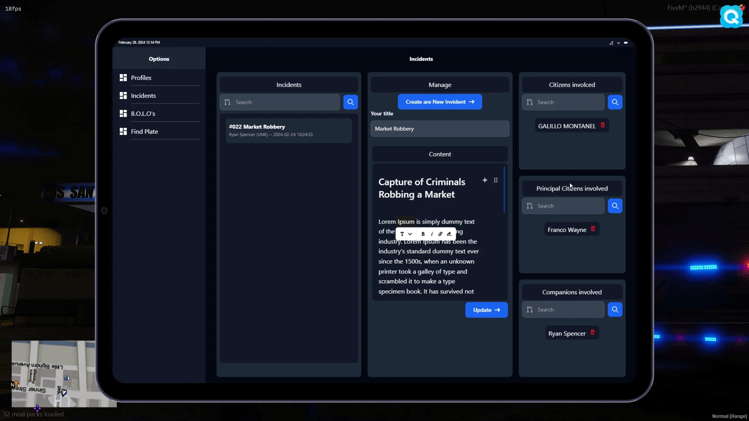 FiveM police MDT system records reports evidence database roleplay law enforcement interface