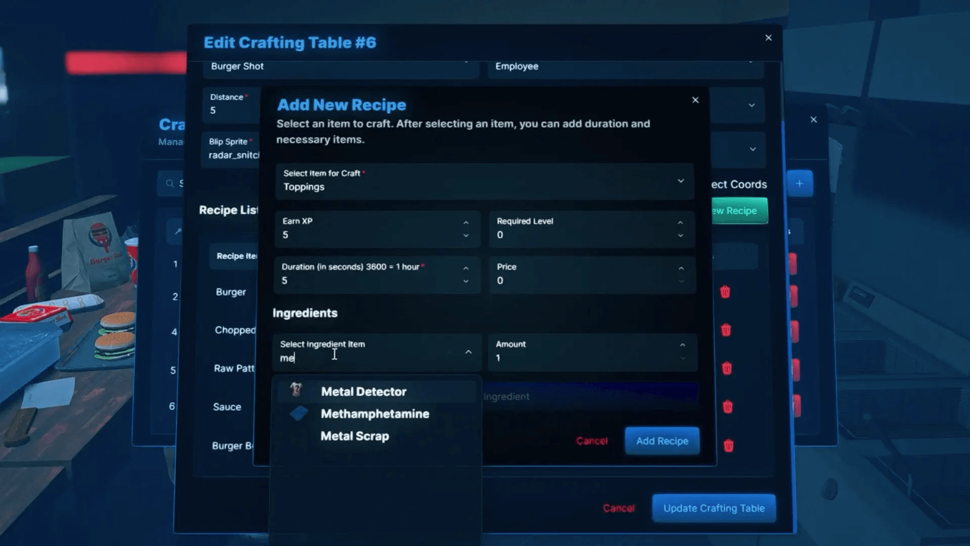 FiveM Quasar Crafting editor system in game recipe editing cooldowns XP roleplay crafting