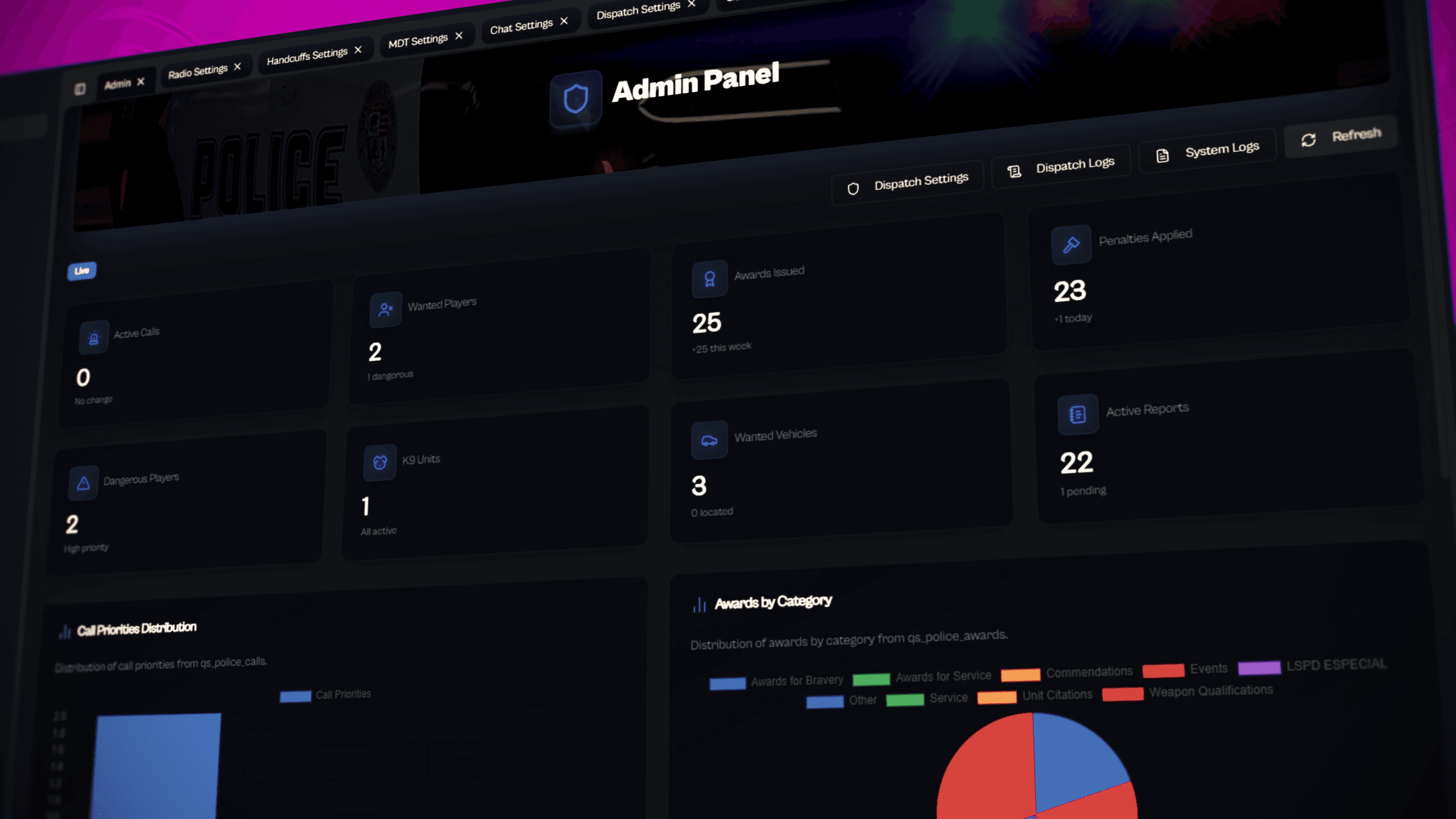 FiveM police admin panel dashboard for full configuration without coding including MDT dispatch radio reports shops and evidence system