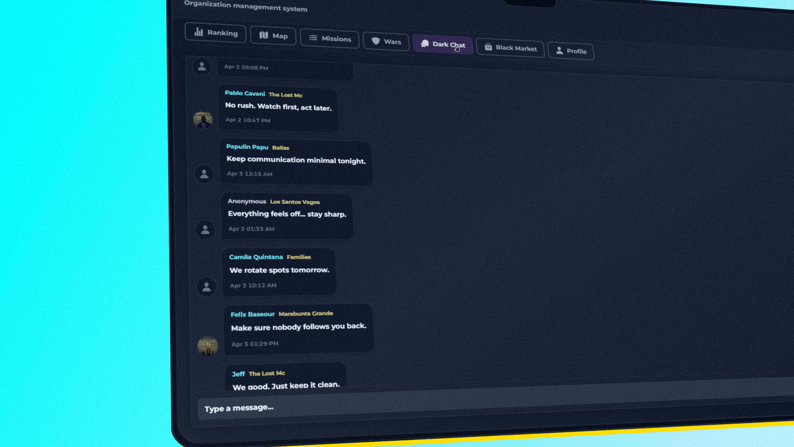 fivem dark chat system secure gang communication esx qb qbcore qbox private chat crime roleplay gangs system