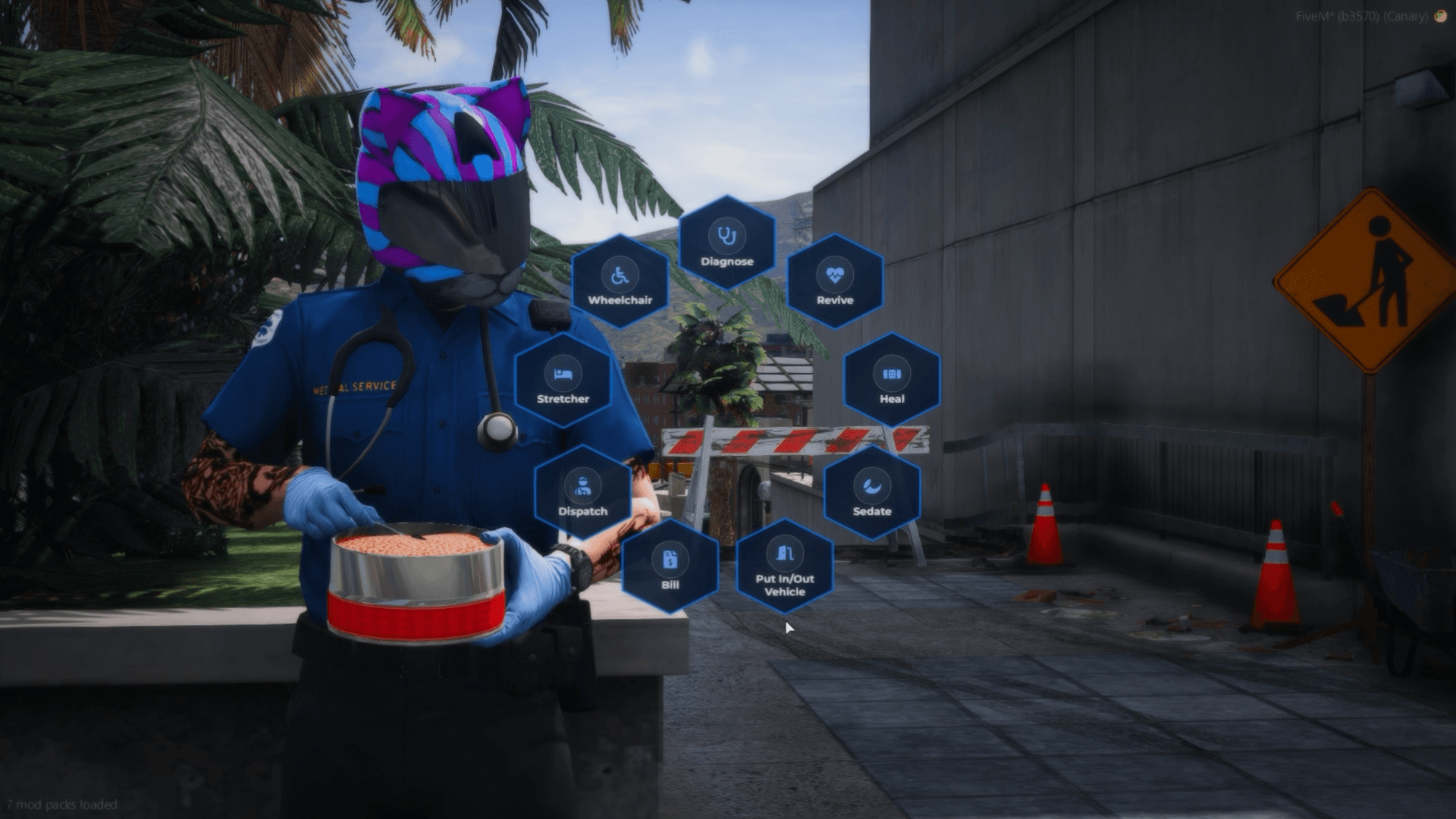 Advanced FiveM EMS personal menu with futuristic hex radial interface for ambulance jobs, paramedics and doctors using Quasar Medical Creator, modern medical interaction UI with revive system, treatment actions, wheelchair controls, stretcher interactions, emergency medical roleplay features, realistic hospital gameplay, immersive ambulance system for ESX QB-Core and Qbox FiveM servers.