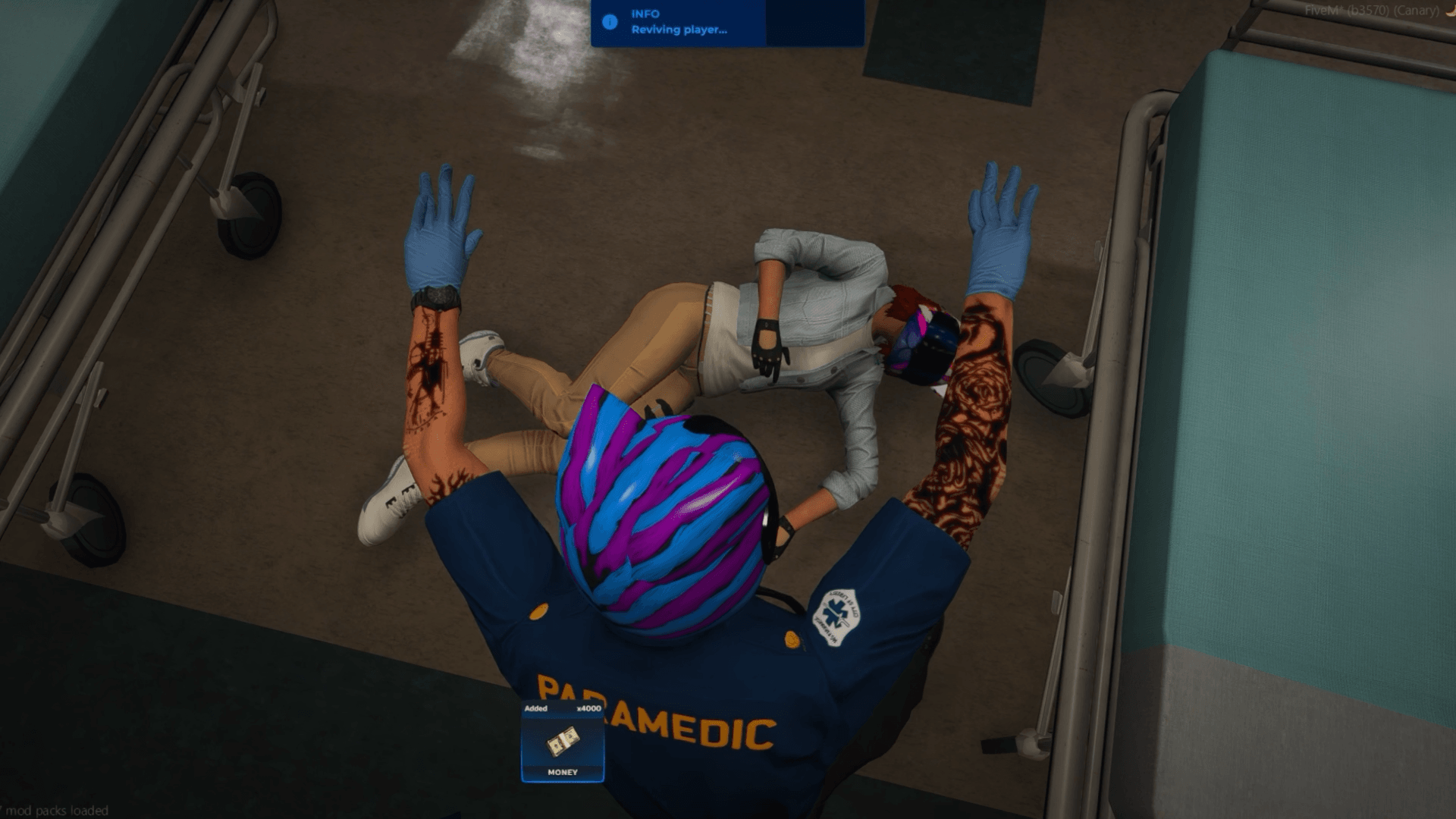 Realistic FiveM revive animation system inside Quasar Medical Creator, showing EMS paramedics reviving an injured player with immersive medical roleplay actions, advanced ambulance job interaction, emergency treatment animation, realistic player recovery system, hospital roleplay gameplay, modern FiveM medical script for ESX QB-Core and Qbox servers.