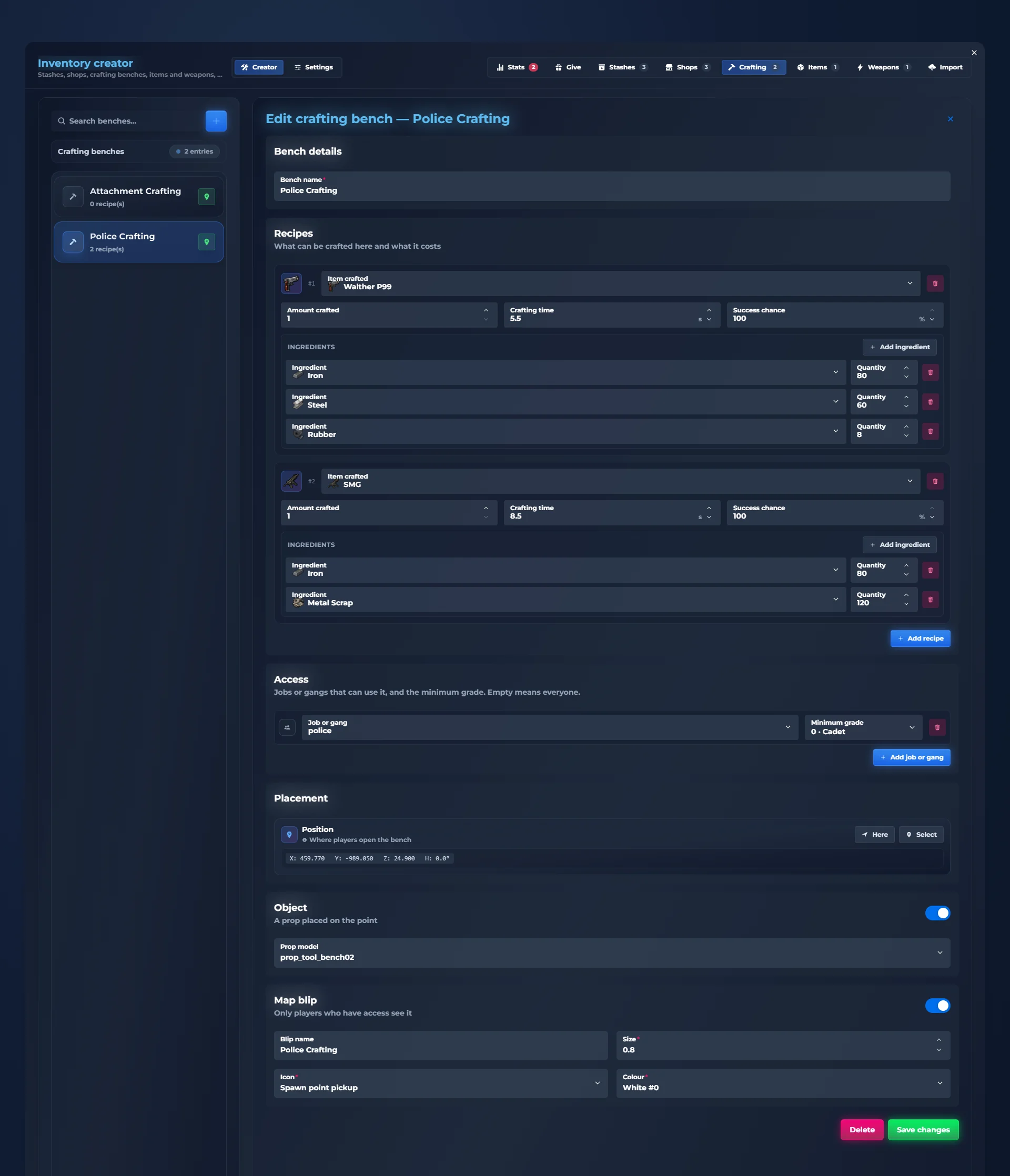 Create crafting benches in game: the qs-inventory /inventorycreator panel