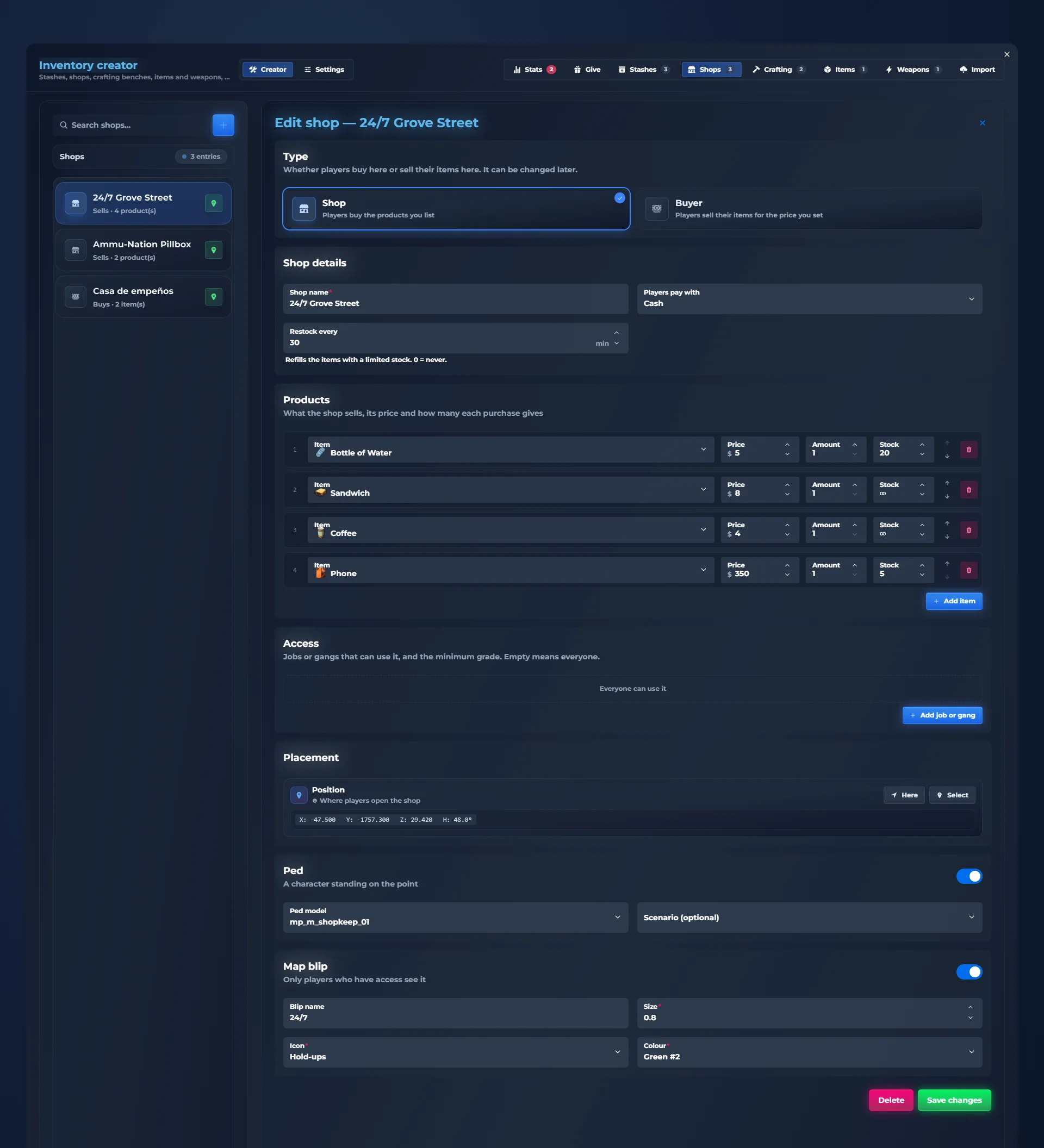 Create FiveM shops in game: the qs-inventory /inventorycreator panel