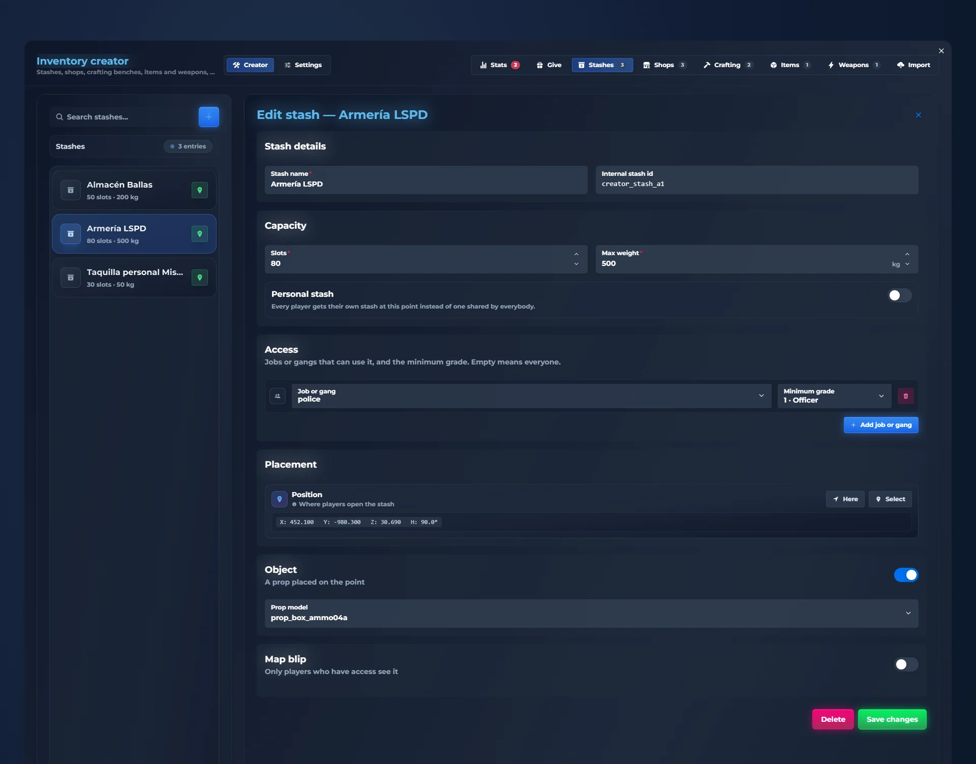 Create FiveM stashes in game: the qs-inventory /inventorycreator panel