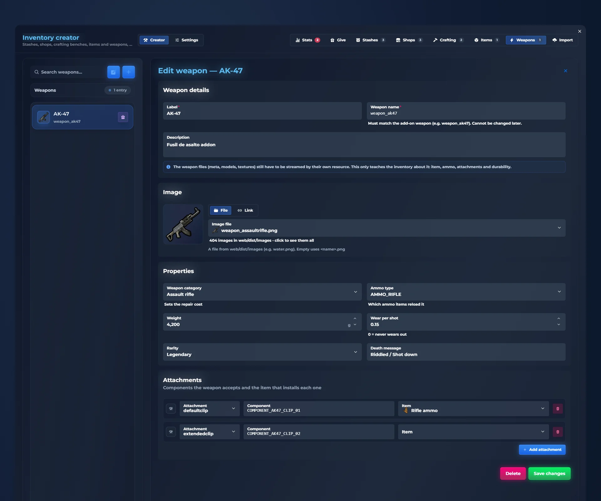 Add FiveM weapons in game: the qs-inventory /inventorycreator panel