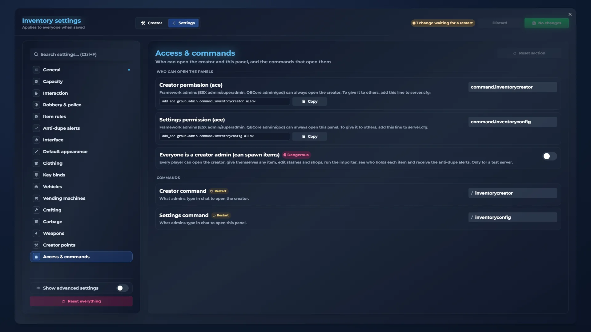 qs-inventory admin panel: Access & commands. Who opens the panel and with which command
