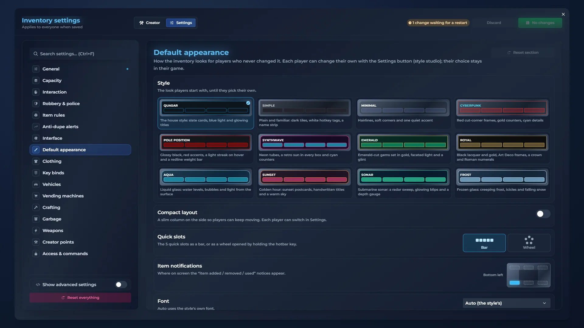 qs-inventory admin panel: Appearance. Your server's default style