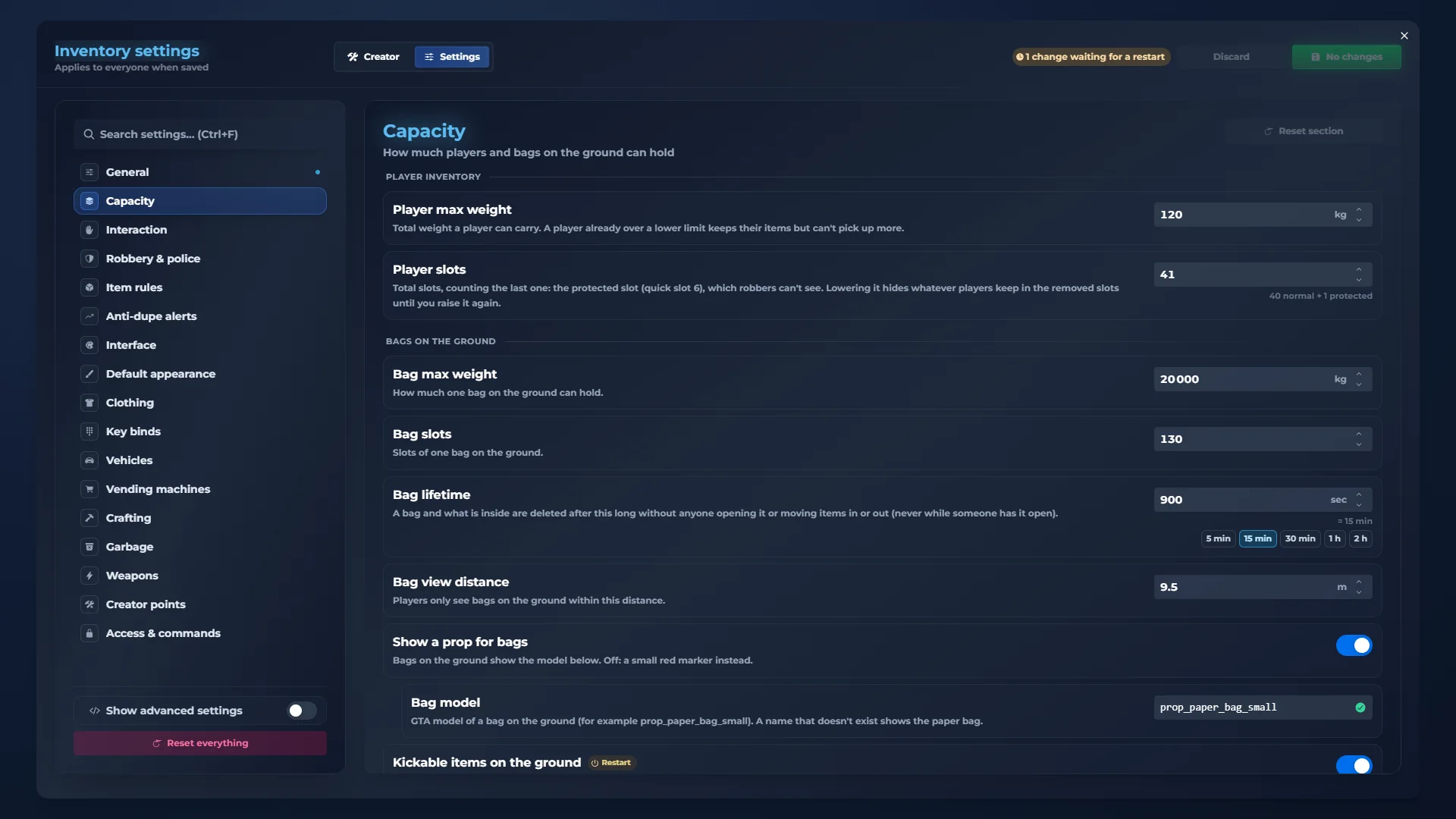 qs-inventory admin panel: Capacity. Player and ground weight and slots