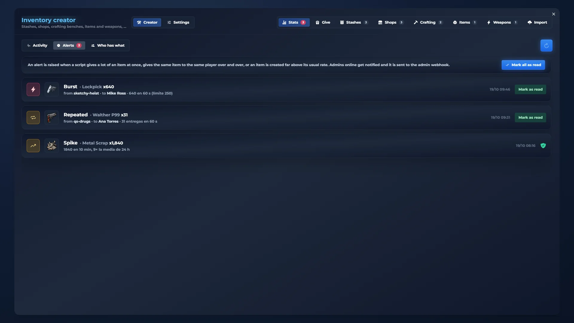 qs-inventory admin panel: Alerts. Suspicious movements and possible dupes
