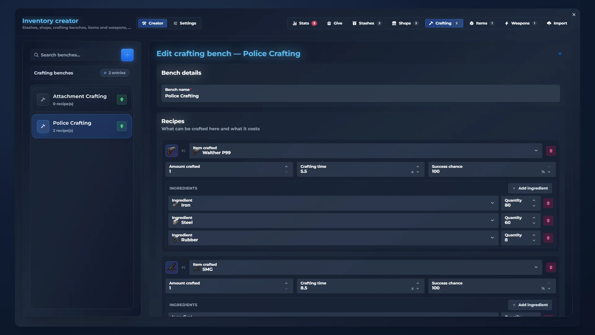 qs-inventory admin panel: Crafting. Benches and recipes with ingredients and time