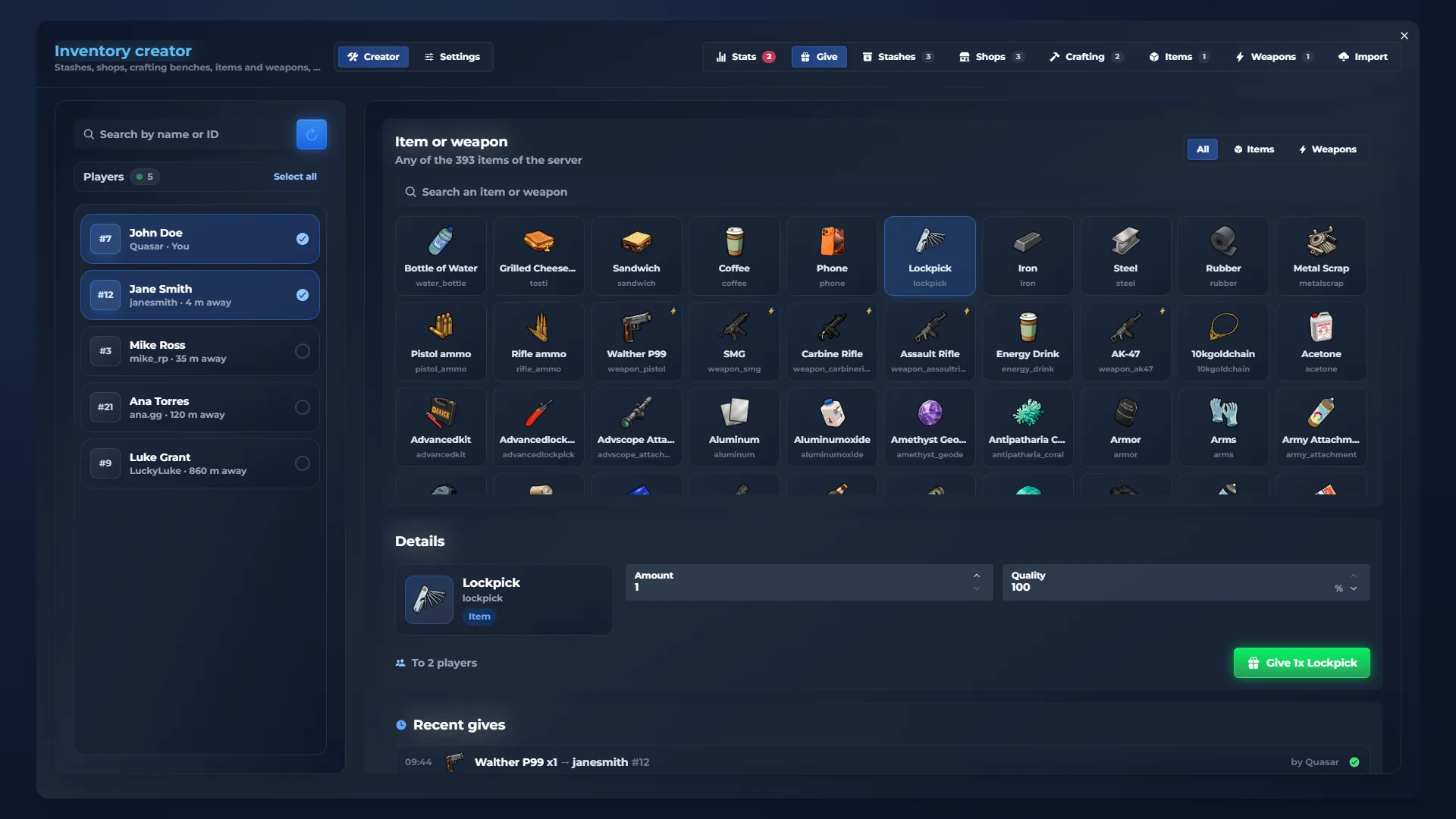 qs-inventory admin panel: Give items. Hand any item to any player