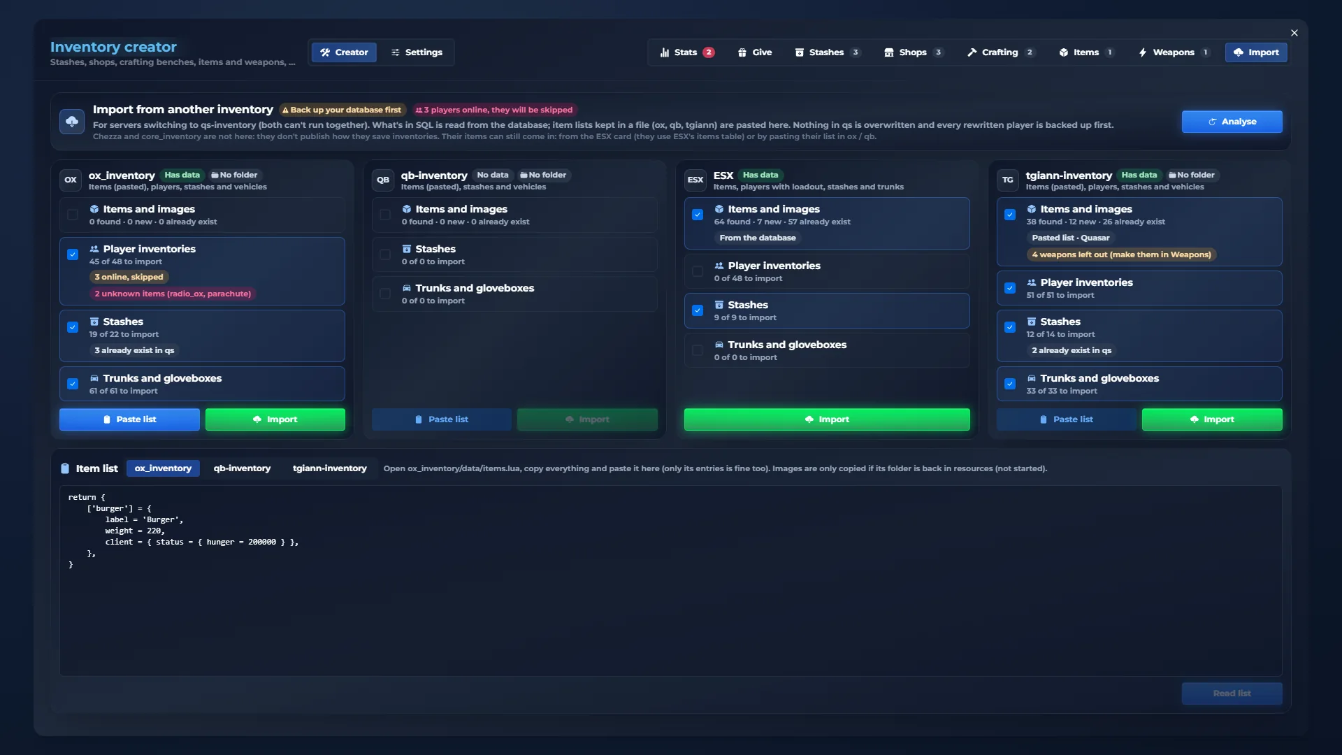 qs-inventory admin panel: Import. Coming from ox, qb or tgiann? Bring your data