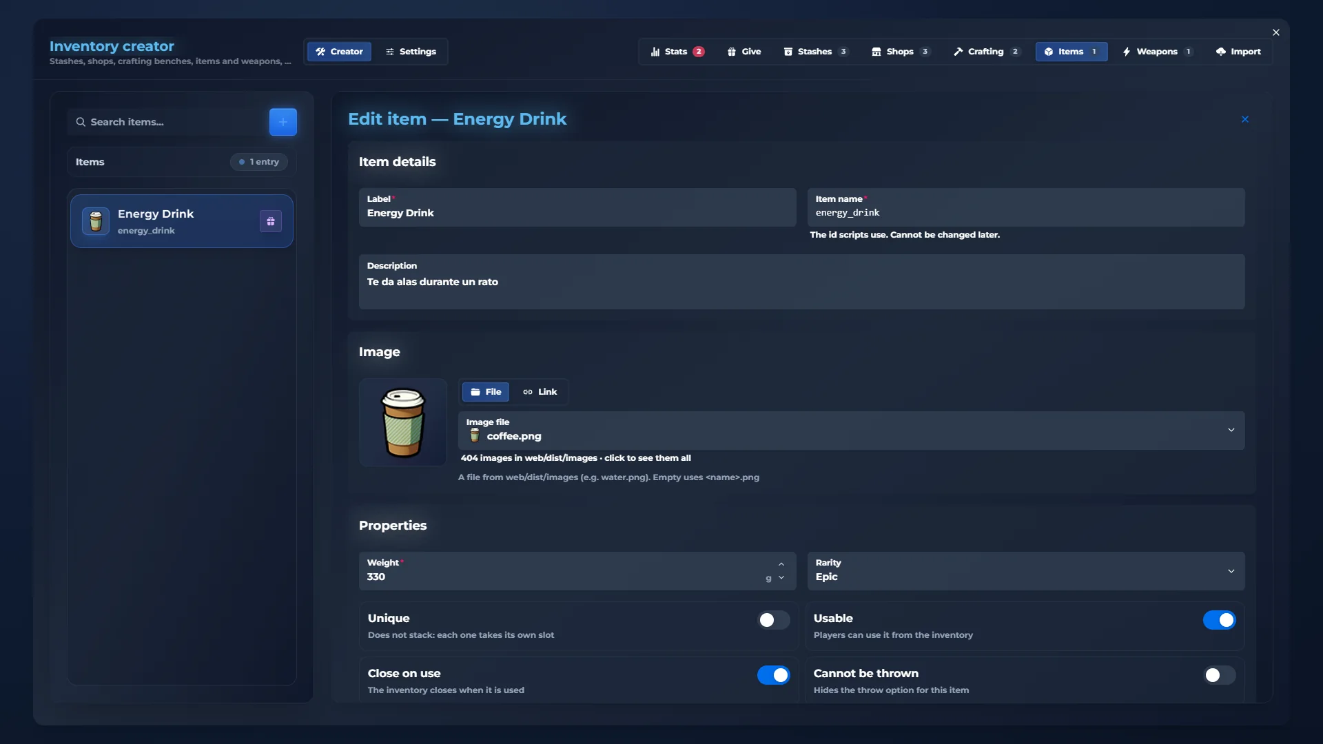 qs-inventory admin panel: Items. Create new items with their image and data
