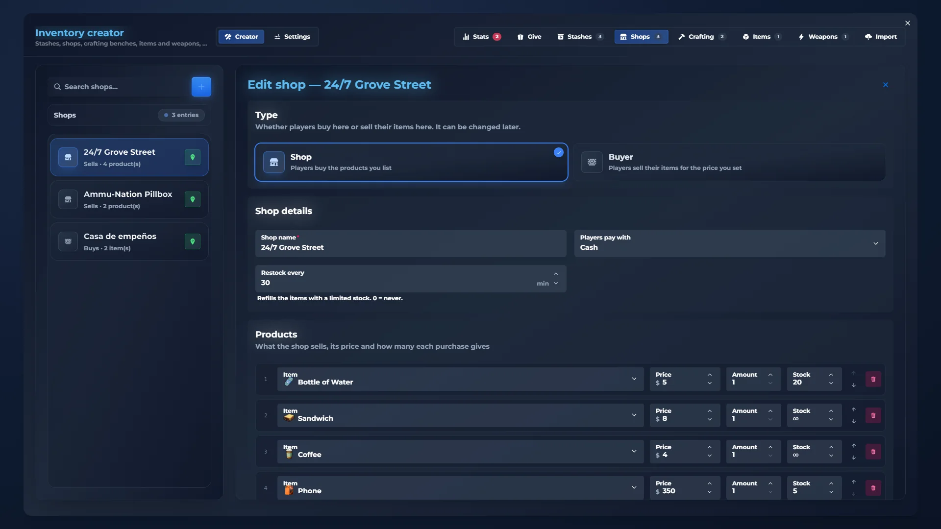 qs-inventory admin panel: Shops. Products, prices, stock and who can buy