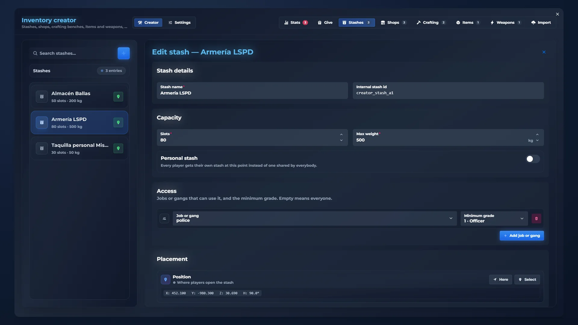 qs-inventory admin panel: Stashes. Slots, weight, job and gang
