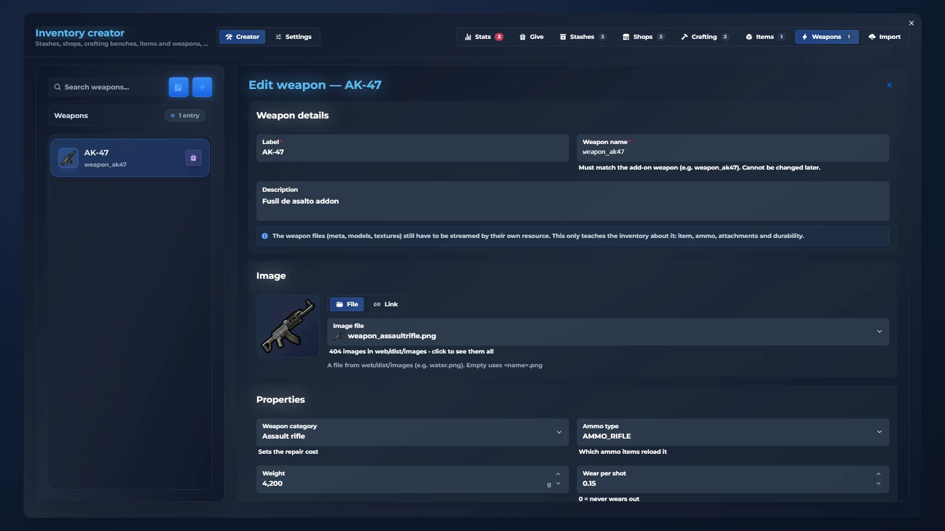 qs-inventory admin panel: Weapons. Stats, ammo and attachments