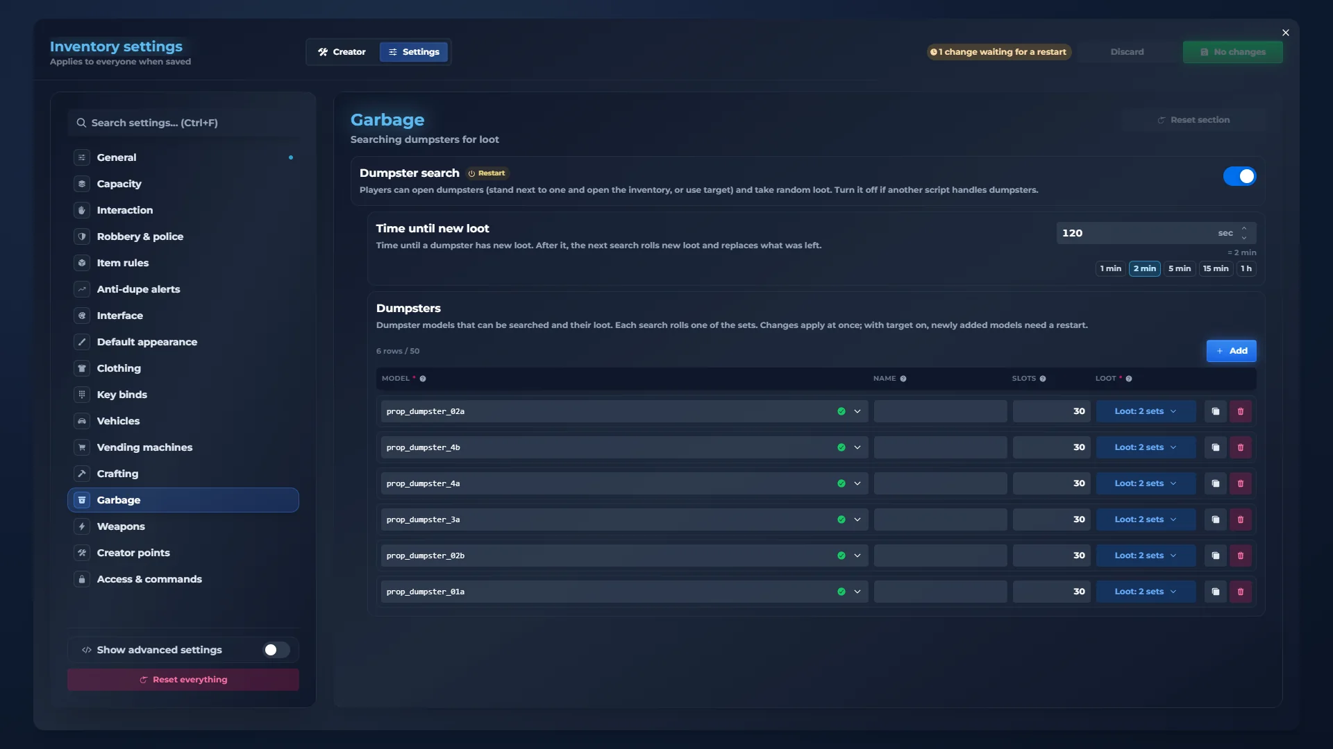 qs-inventory admin panel: Garbage. What bins give and how often