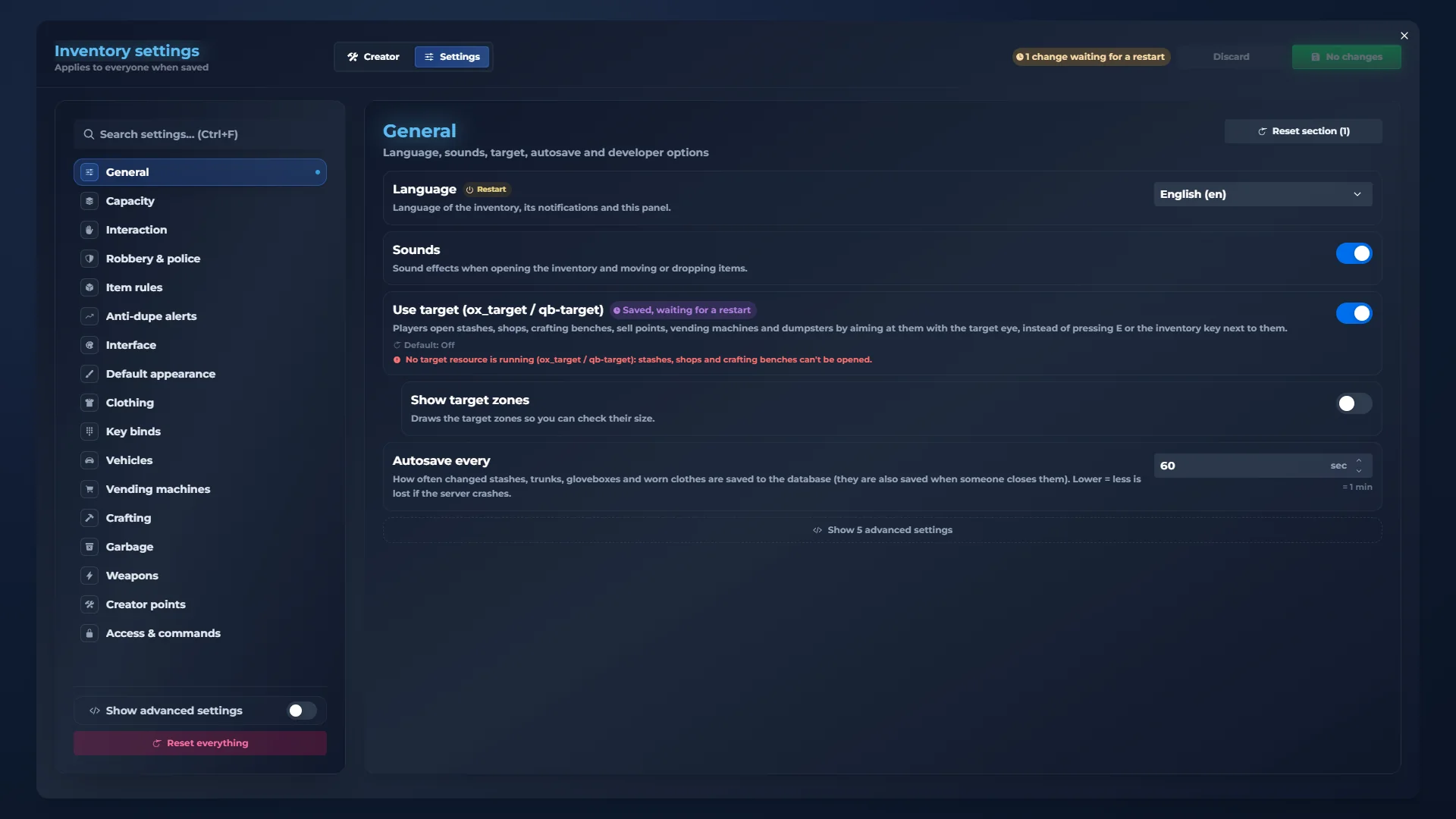 qs-inventory admin panel: General. Language, sounds, target and autosave