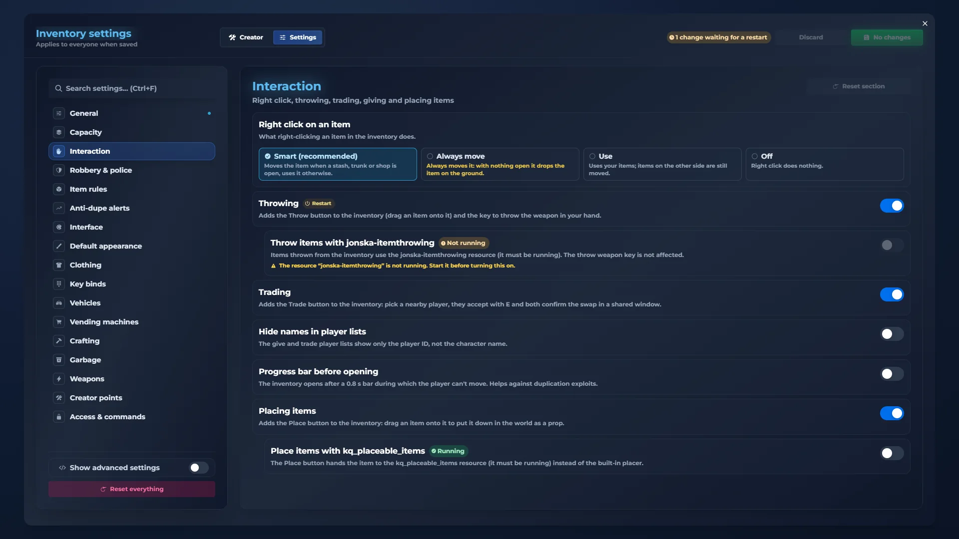 qs-inventory admin panel: Interaction. Right-click, throw, give and more