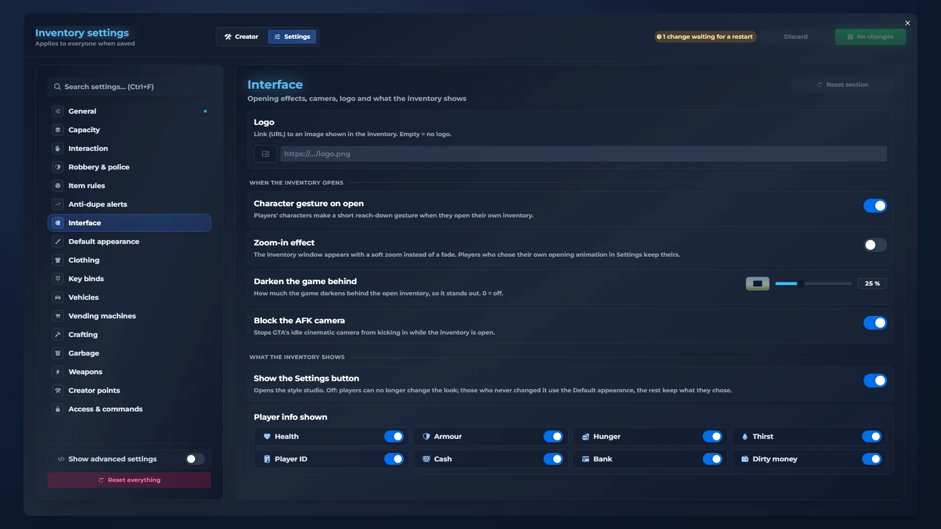 qs-inventory admin panel: Interface. Opening effects, camera, logo and what is shown