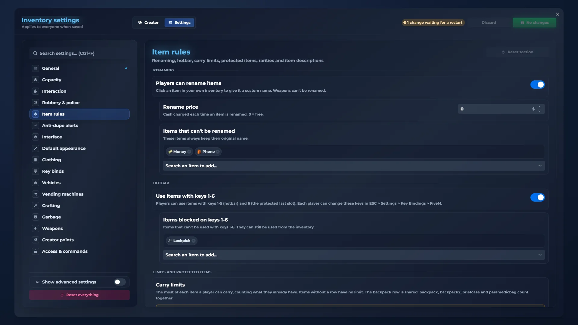 qs-inventory admin panel: Item rules. What cannot be stored or stolen