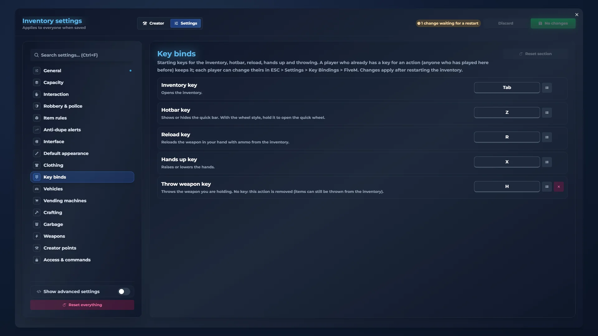 qs-inventory admin panel: Key binds. Press the key you want, done