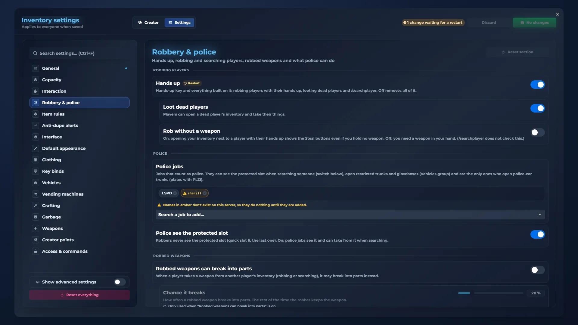 qs-inventory admin panel: Robbery & police. Who can rob and when