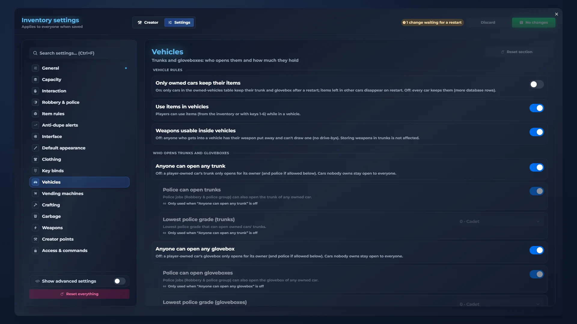 qs-inventory admin panel: Vehicles. Trunks and gloveboxes per type